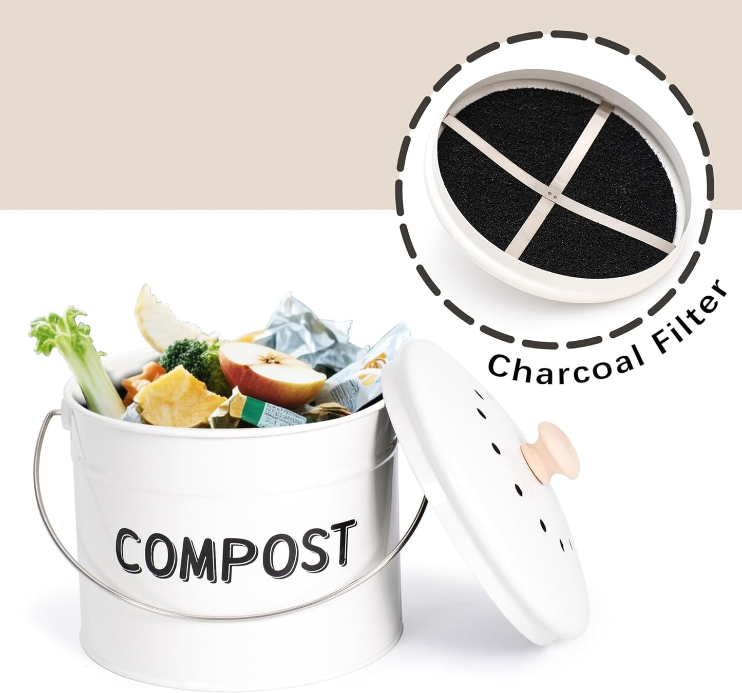 Compost Bin for Kitchen Counter, 1 Gallon Compost Bucket with Lid and Charcoal Filter, Countertop Composter, Rust Proof Indoor Food Waste Bin, White