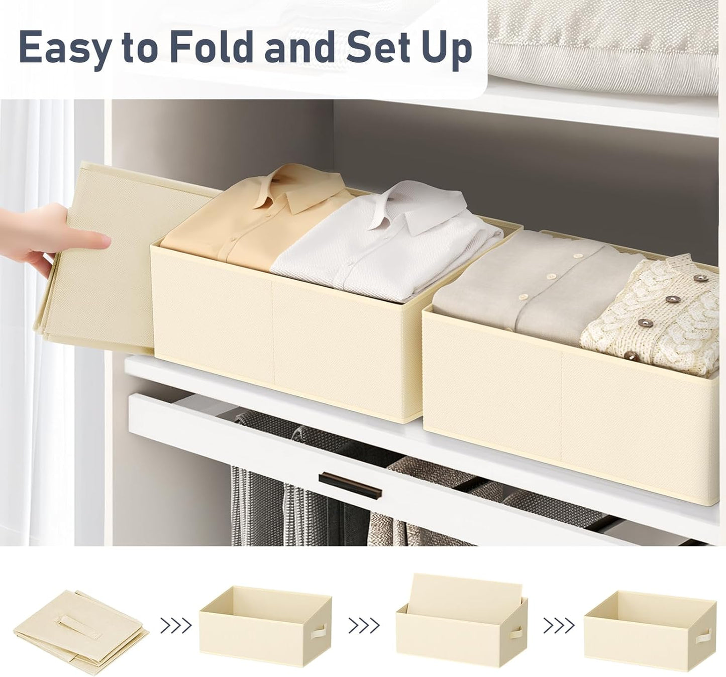 DIMJ Large Closet Storage Bins 8 Pack - Fabric Trapezoid Closet Organizer Bin, Foldable Storage Baskets for Shelves, Closet Shelf Organizer, Clothing Storage Box for Toys, Books, Towel, Clothes, Beige