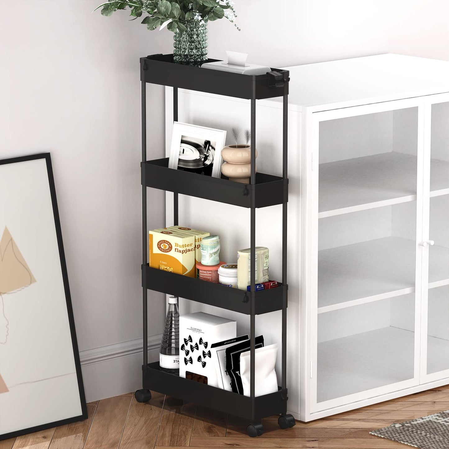 SPACELEAD Slim Storage Cart 4 Tier,Bathroom Organizer Rolling Utility,Mobile Shelving Unit Slide