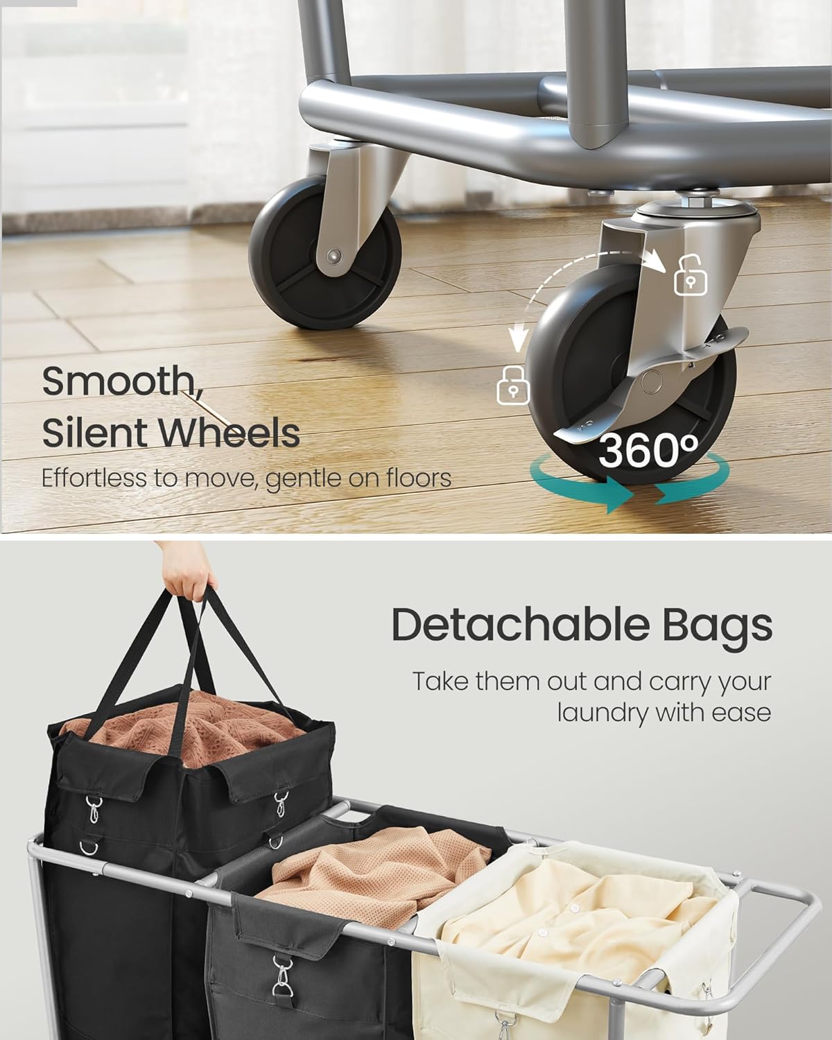 SONGMICS Laundry Basket with Wheels, 76.6 Gallons (290 L), 3-Section Rolling Laundry Hamper with Removable Bags, Heavy-Duty Steel Frame with Handle, Cream White, Dark Gray and Ink Black URLS010X01