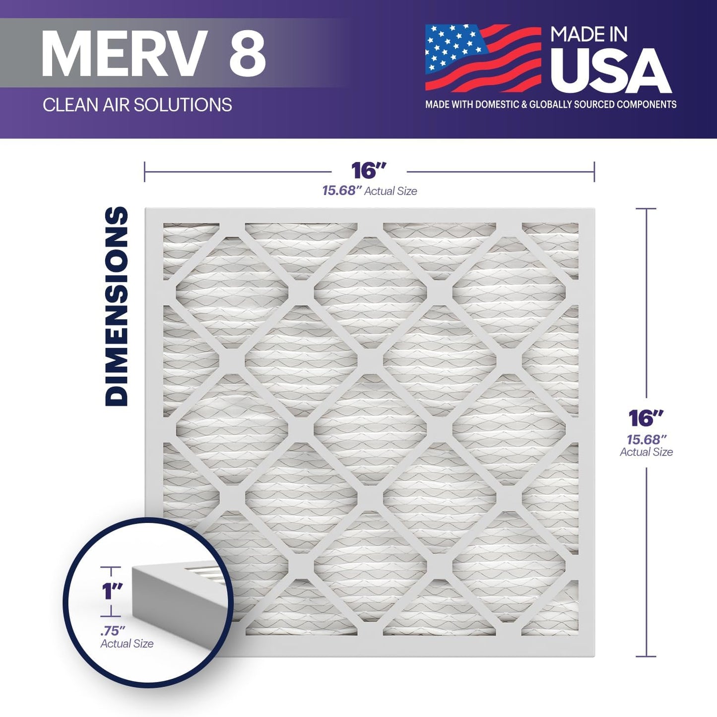 BNX TruFilter 16x16x1 Air Filter MERV 8 (6-Pack) - MADE IN USA – Dust & Pet Defense Air Conditioner HVAC AC Furnace Filters for Dust, Pet, Mold, Pollen MPR 600 – 700 & FPR 5