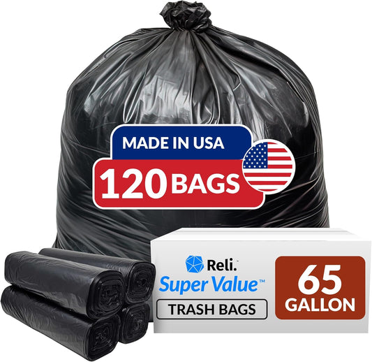 Reli. SuperValue 65 Gallon Trash Bags | 120 Count | Made in USA | Heavy Duty | Bulk | Black Multi-Use Garbage Bags