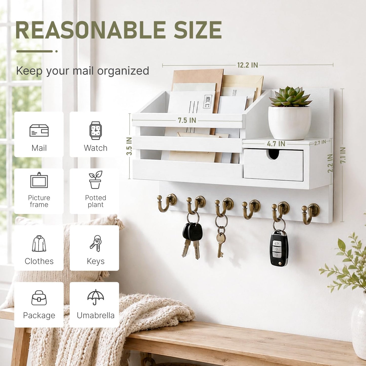 FifthQuarter Key and Mail Holder Wall Mount with Drawer and 6 Sturdy Hooks