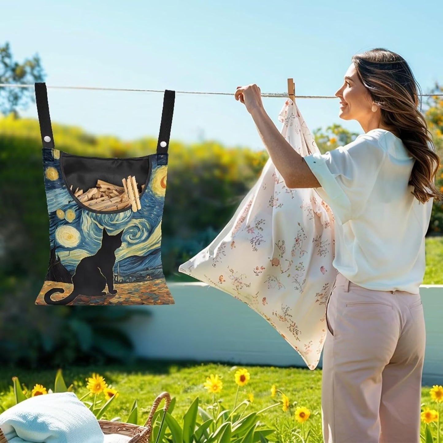 Button Fastening Clothespin Holder 14.5"x12" - Large Access Opening with Durable Binding - Professional Grade Hanging Organizer for Daily Laundry Needs Starry Night Kitten Print