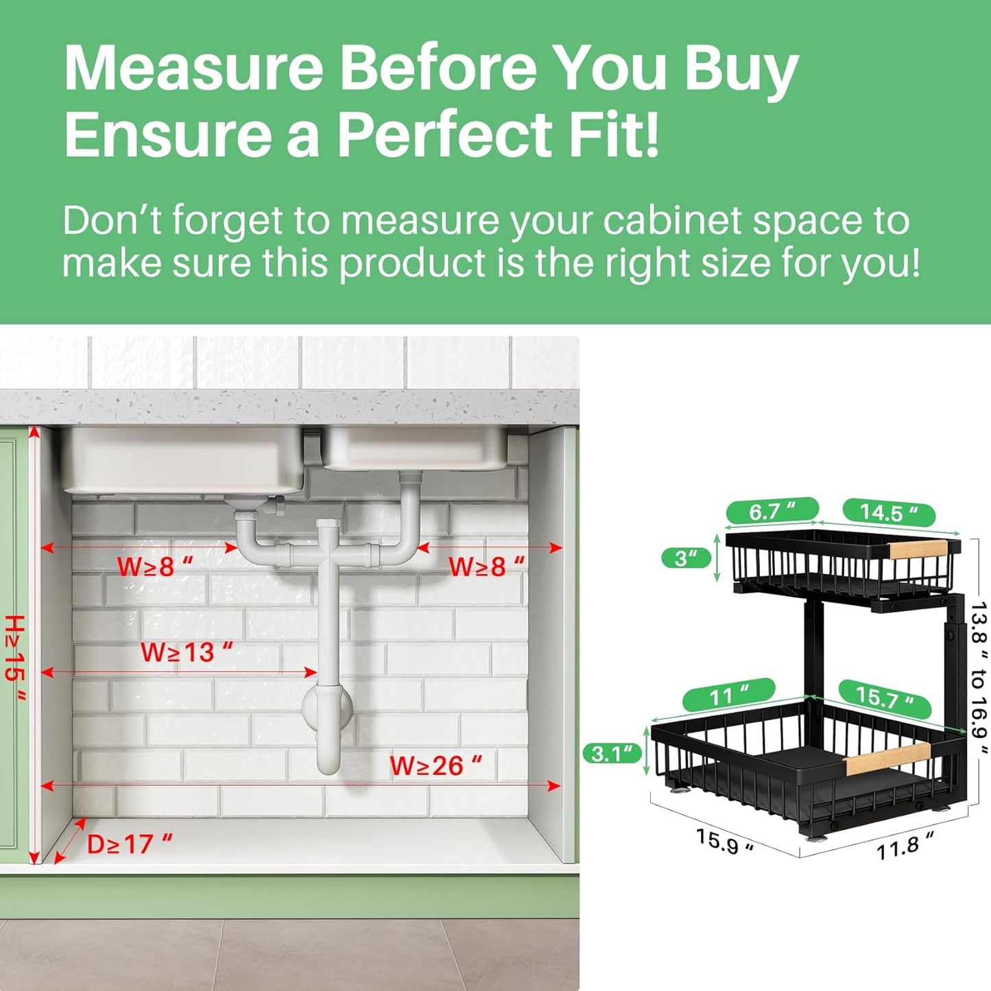 Pull out Cabinet Organizer, 2 Tier Under Sink Organizer, Slide out Metal Kitchen Cabinet Organizers Drawer Shelf, Sliding Storage Shelves for Kitchen Bathroom Pantry Cabinet Closet Organization Rack