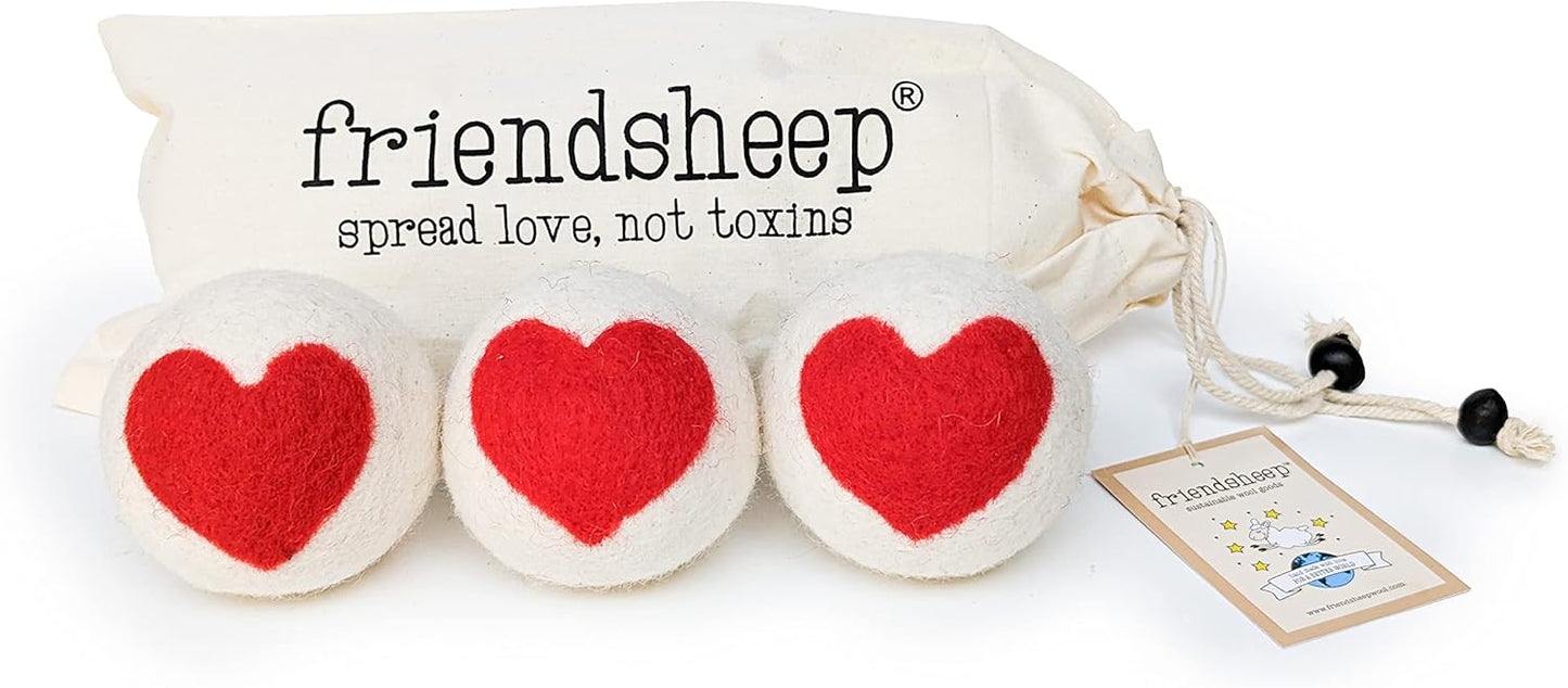 Friendsheep Wool Dryer Balls, Organic Reusable Fabric Softener Alternative for Laundry, Handmade, Fair Trade, Hypoallergenic, Eco-Friendly, Plastic-Free (3 Pack XL – Red Heart)