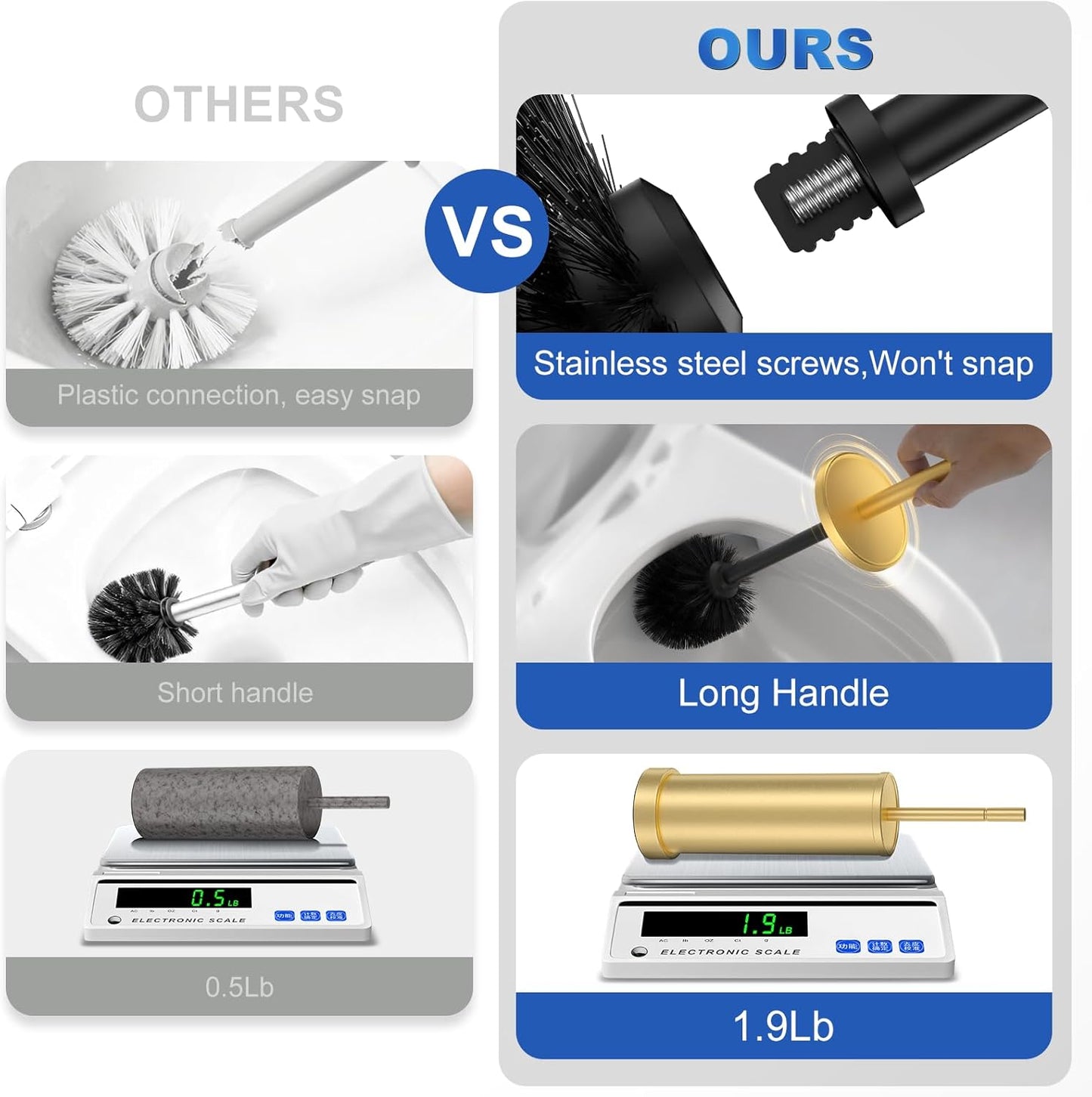 Toilet Brush and Holder Set: 304 Stainless Steel Brushed Gold Toilet Bowl Brush and Holder with Removable Inner Bowl and Splash Protection, Heavy Duty Long Handle Bathroom Cleaning Tool