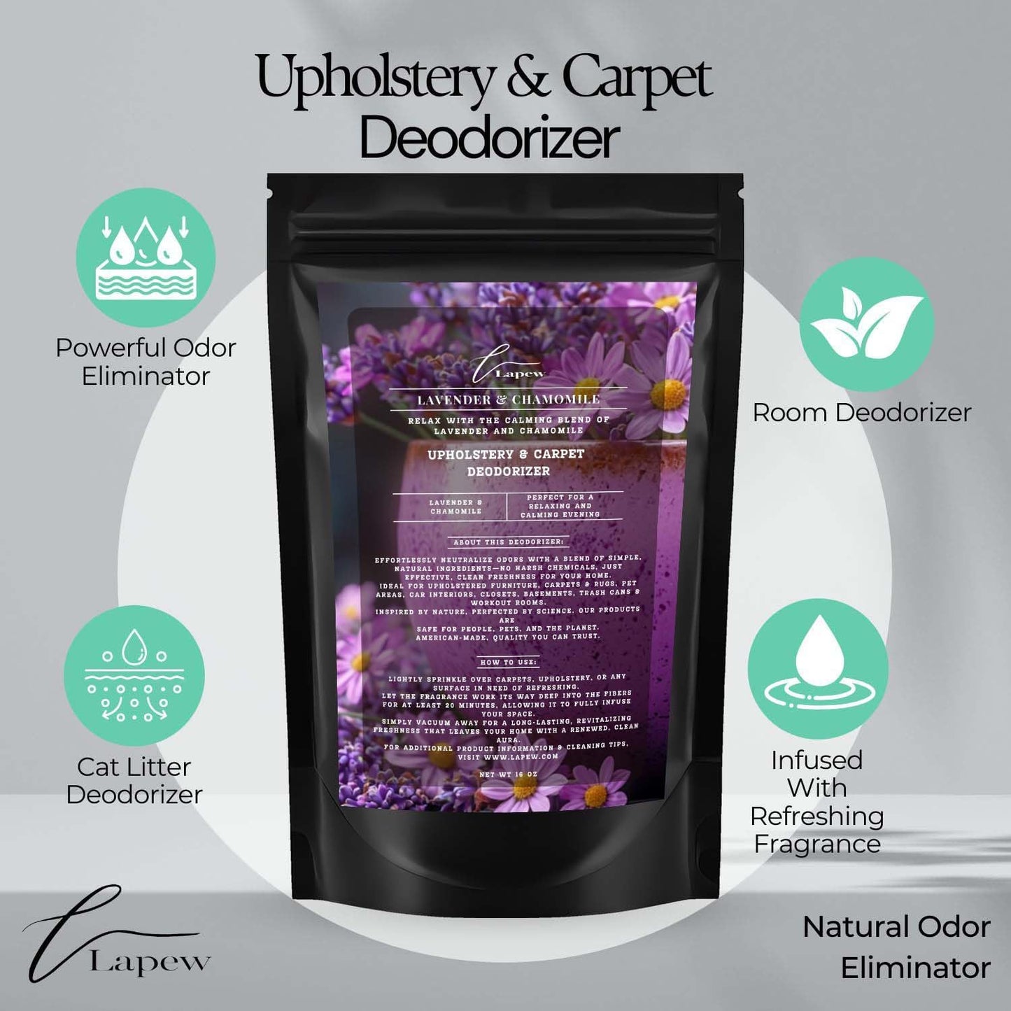 Lavender Chamomile Carpet Freshener Powder: Powerful Odor Eliminator for Home, Upholstery Deodorizer, Carpet Deodorizer, Pet Urine, Cat Litter Box - Lavender Chamomile Fragrance