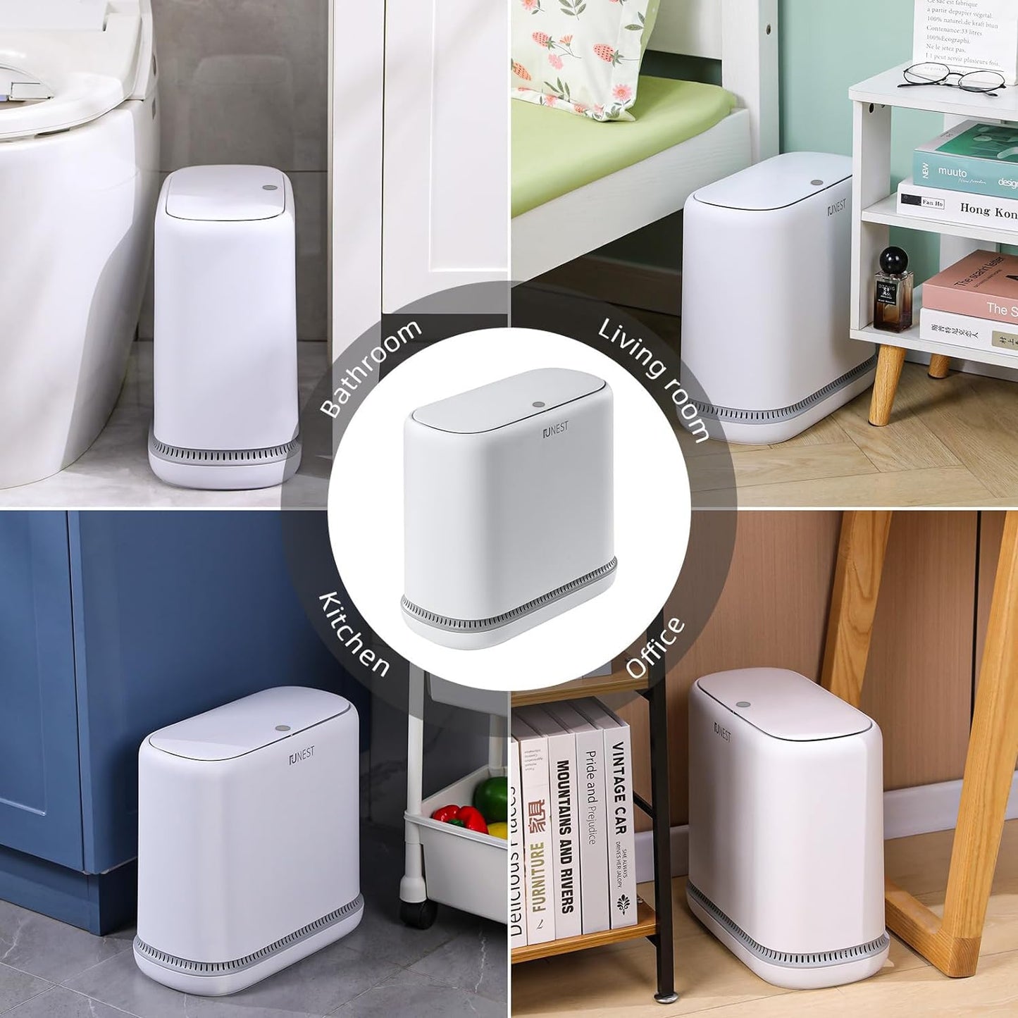 funest Bathroom Trash Can, 3.3 Gallon Slim Trash Can with Lid, Adsorption Garbage Can with Press-Top Lid, Small White Narrow Plastic Trash Bin for Bathroom, Office, Bedroom, Living Room