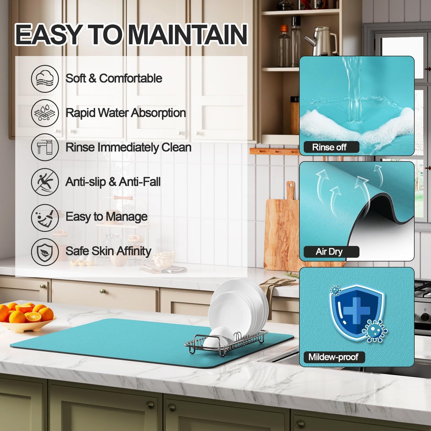 Dish Drying Mat for Kitchen Counter | Coffee Bar Mat for Countertops | Heat Resistant Drainer Mat with Non-slip Rubber Backed | Hide Stain Kitchen Absorbent Draining Mat | Turquoise 18"x32"