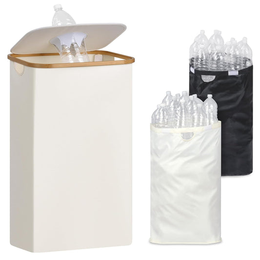 29 Gallons Recycling Bins for Kitchen, Indoor Recycle Bins with Lid, 110L Large Recycle bin with 2 Removeable Reusable Inner Bags, for Bottles Cans Glass Plastice Cartons(Beige)