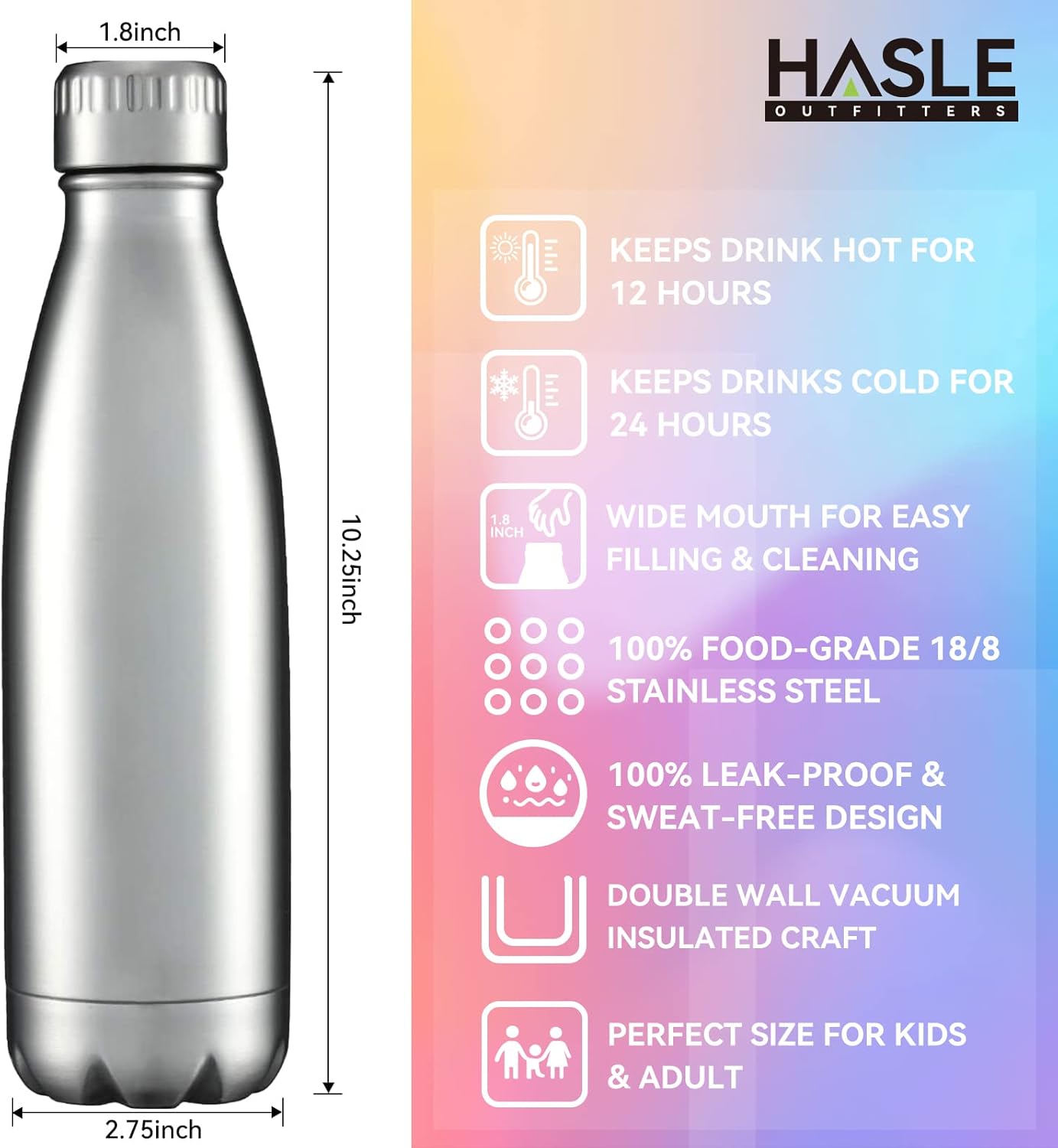 HASLE OUTFITTERS 17oz Stainless Steel Water Bottles, Vacuum Insulated Water Bottles Double Walled Reusable Metal Sports Water Bottles Keep Drinks Hot and Cold, Stainless, 1Pack