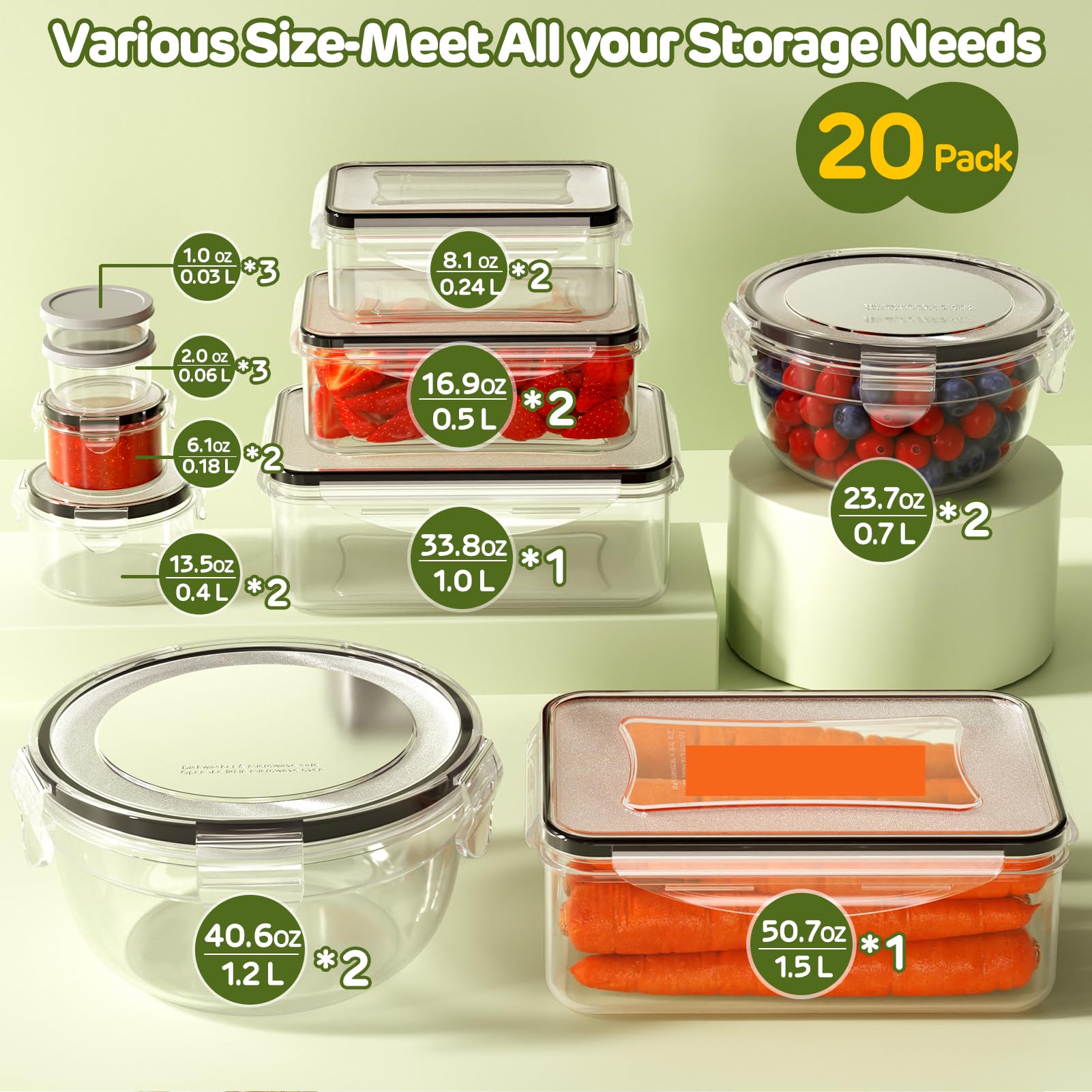 JSCARES 40 PCS Food Storage Containers with Lids Airtight (20 Lids &20 Containers) - Leakproof
