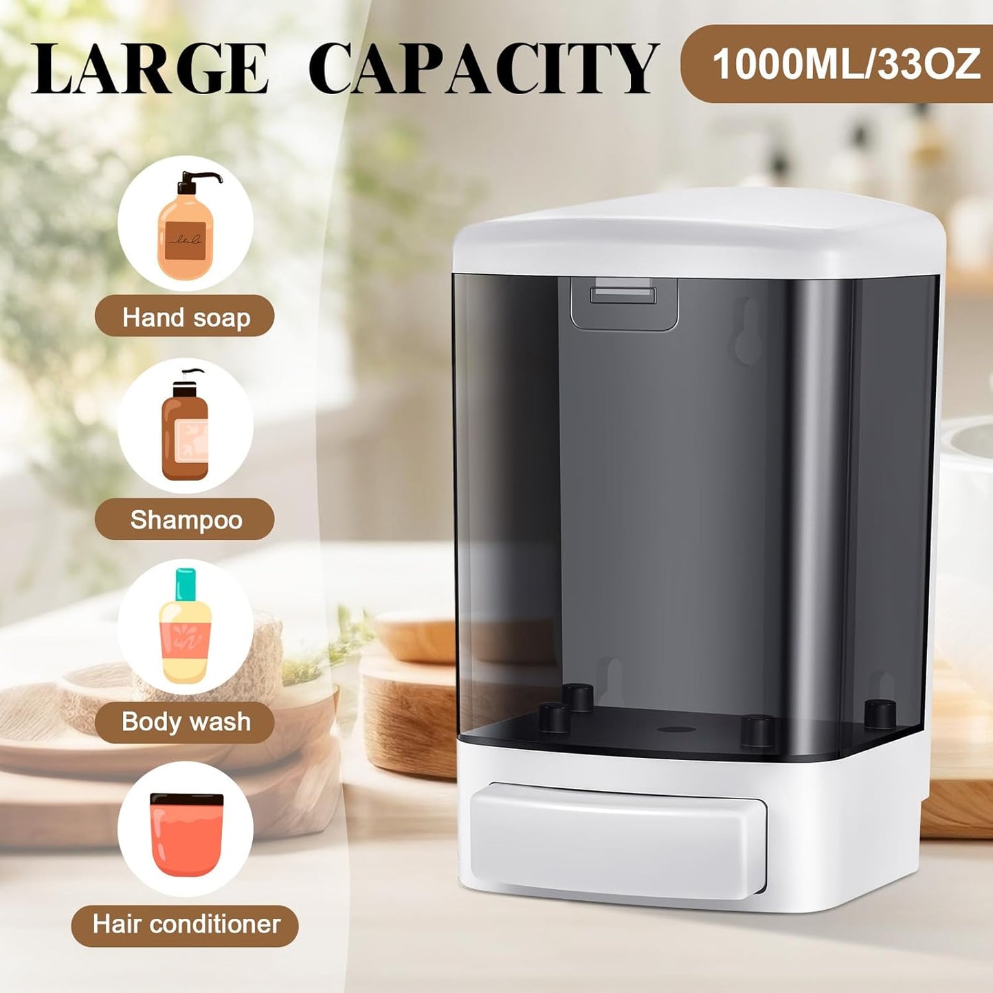 Hushee 4 Pcs Plastic Wall Mounted Soap Dispenser Commercial Manual Soap Containers Wall Dispenser for Kitchen Shower Hotel Liquid Shampoo Gel Chamber