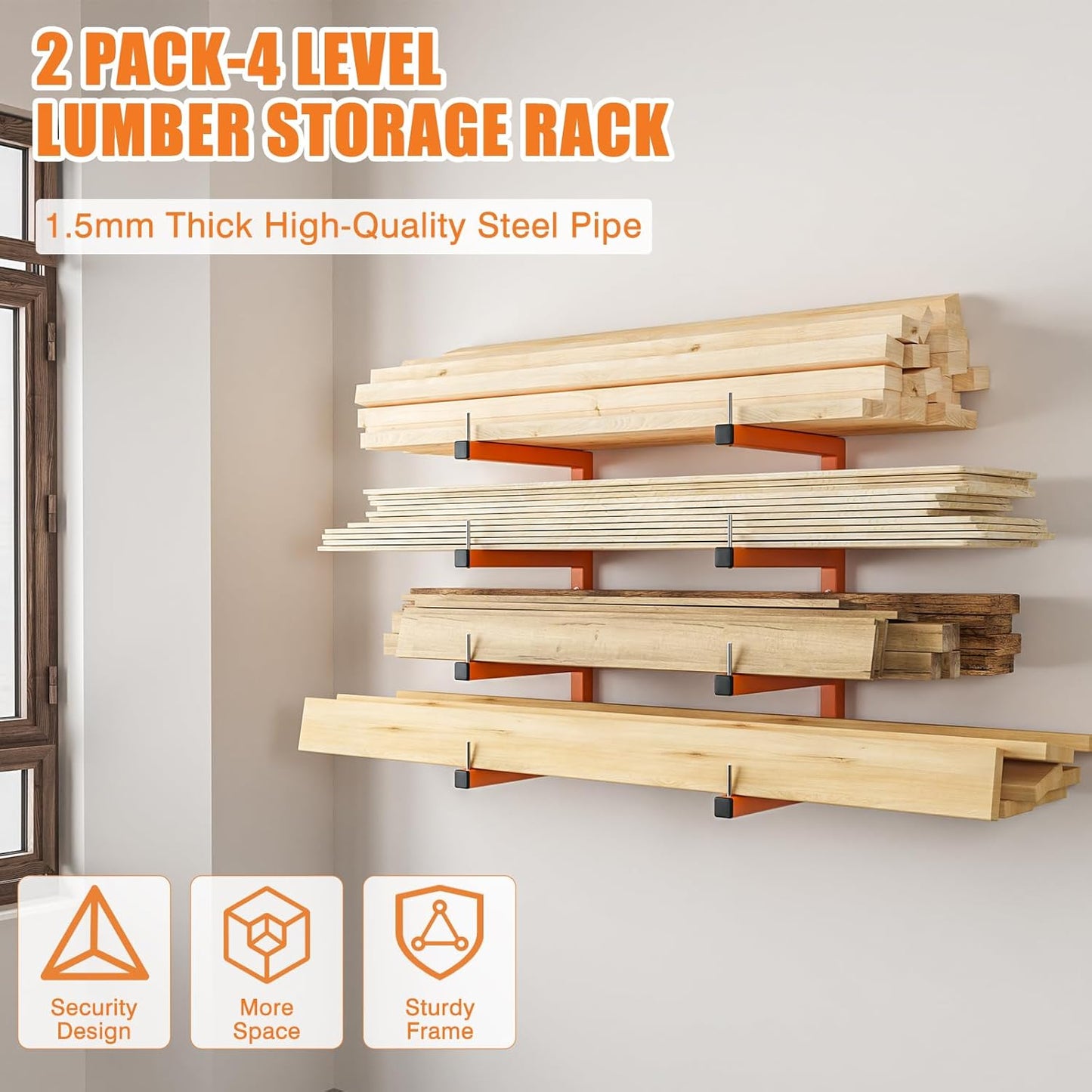 2-Pack Lumber Storage Rack, Wood Storage Racks Wall Mount, Heavy Duty Garage Wood Organizer With 4-Level System, Orange Utility Rack Organization Up 800 Lbs, Metal Lumber Shelf for Indoor and Outdoor