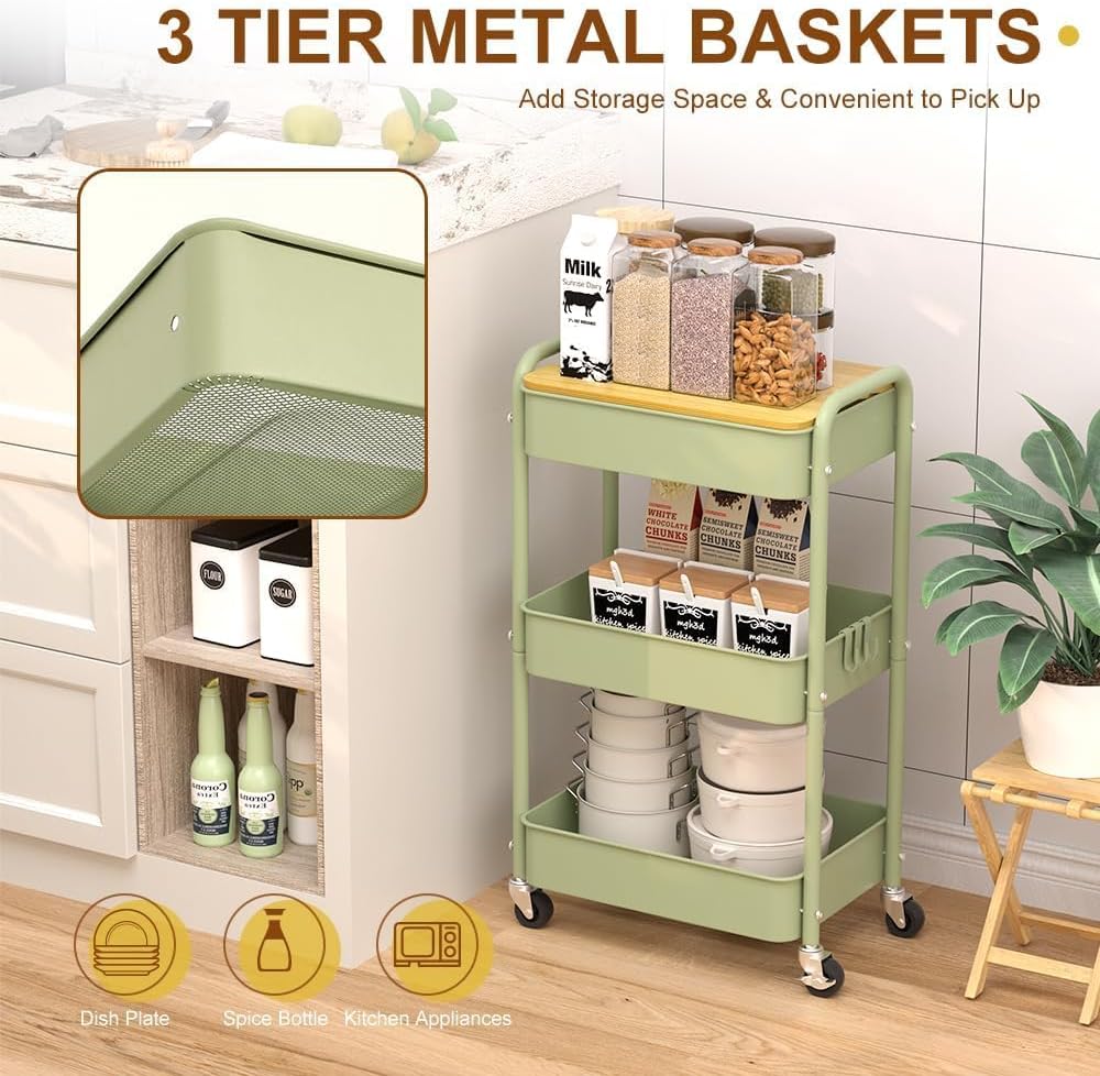 3 Tier Metal Utility Cart, Rolling Storage Cart with Wooden Tabletop, Metal Organizer Cart with Lockable Wheels for Office, Bedroom, Kitchen and Living Room (Green)