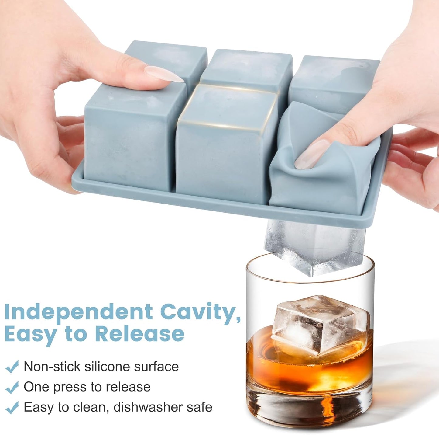 Large Silicone Ice Cube Tray 3Pack, SAWNZC Big Square Ice Cube Molds for Whisky Cocktail, Ice Maker Tray with Lid for Freezer, Easy Release (3, Blue+Green+Pink)