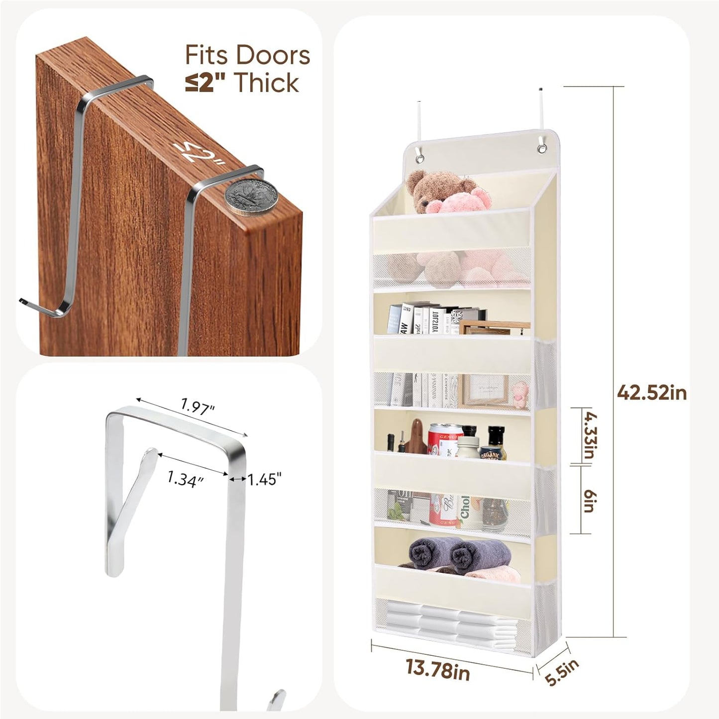 QINGUANG Over The Door Organizer,Hanging Organization and Storage, Behind Door Organizer with Side Pockets, 35 lbs Capacity,Anti Tilt, for Nursery, Bathroom, Bedroom,Dorm 4-Shelf Beige