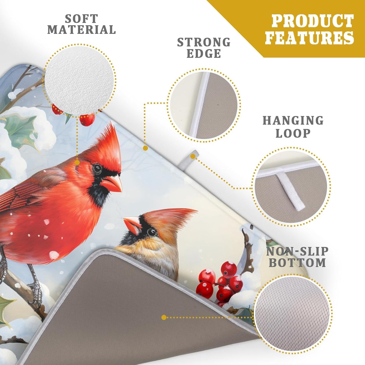 Winter Cardinal Birds Dish Drying Mat, Holly Berry Branches Dish Drying Mat for Kitchen Counter, Red Birds Absorbent Fast Dry Dish Drainer Mat Protector Xmas Microfiber Dish Drying Pad 16x18 Inch