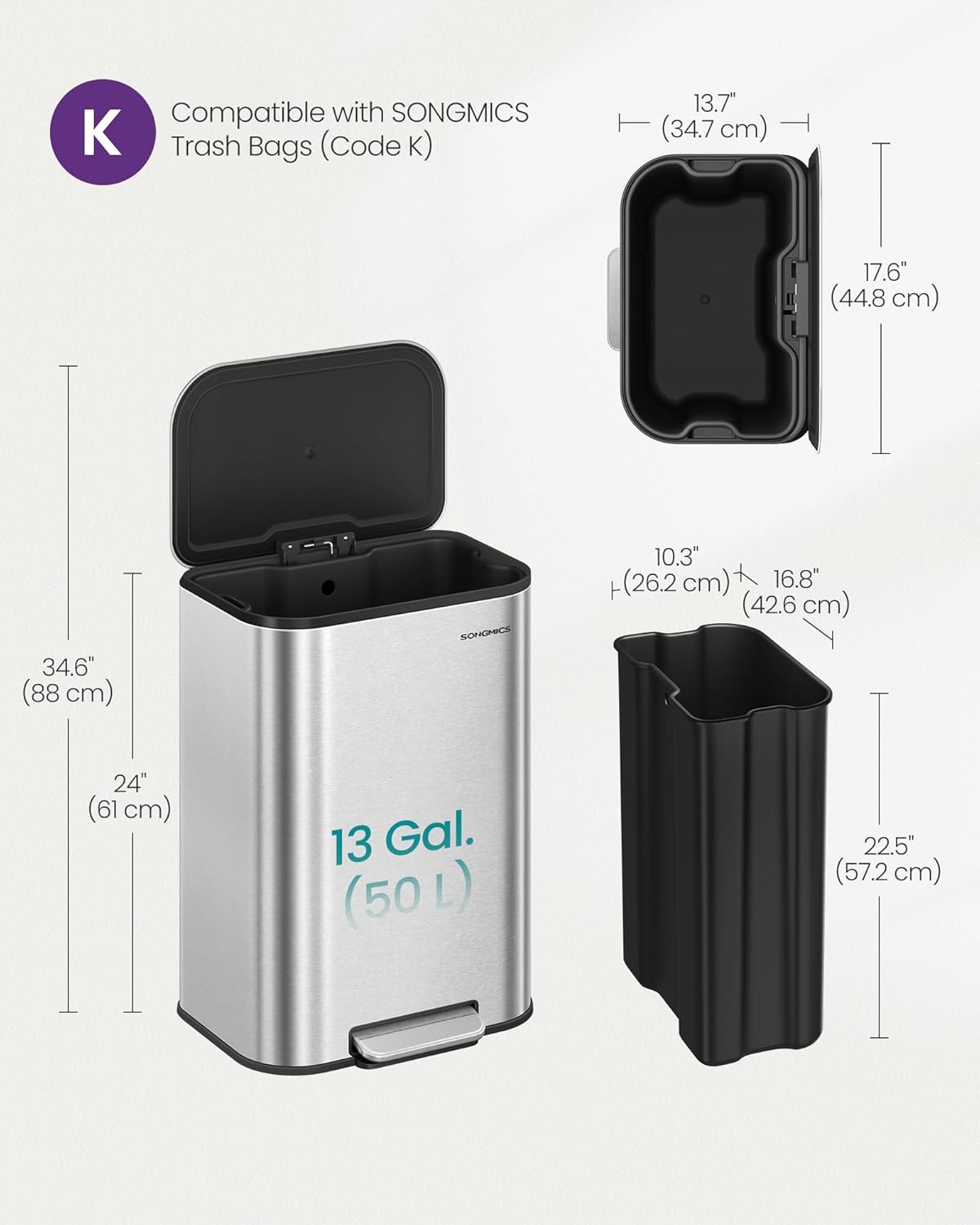 SONGMICS Kitchen Trash Can, 13-Gallon (50 L) Garbage Can with Lid, Stainless Steel, Soft Close and Stays Open, Inner Bucket, Wide Non-Slip Pedal, Metallic Silver ULTB547E01