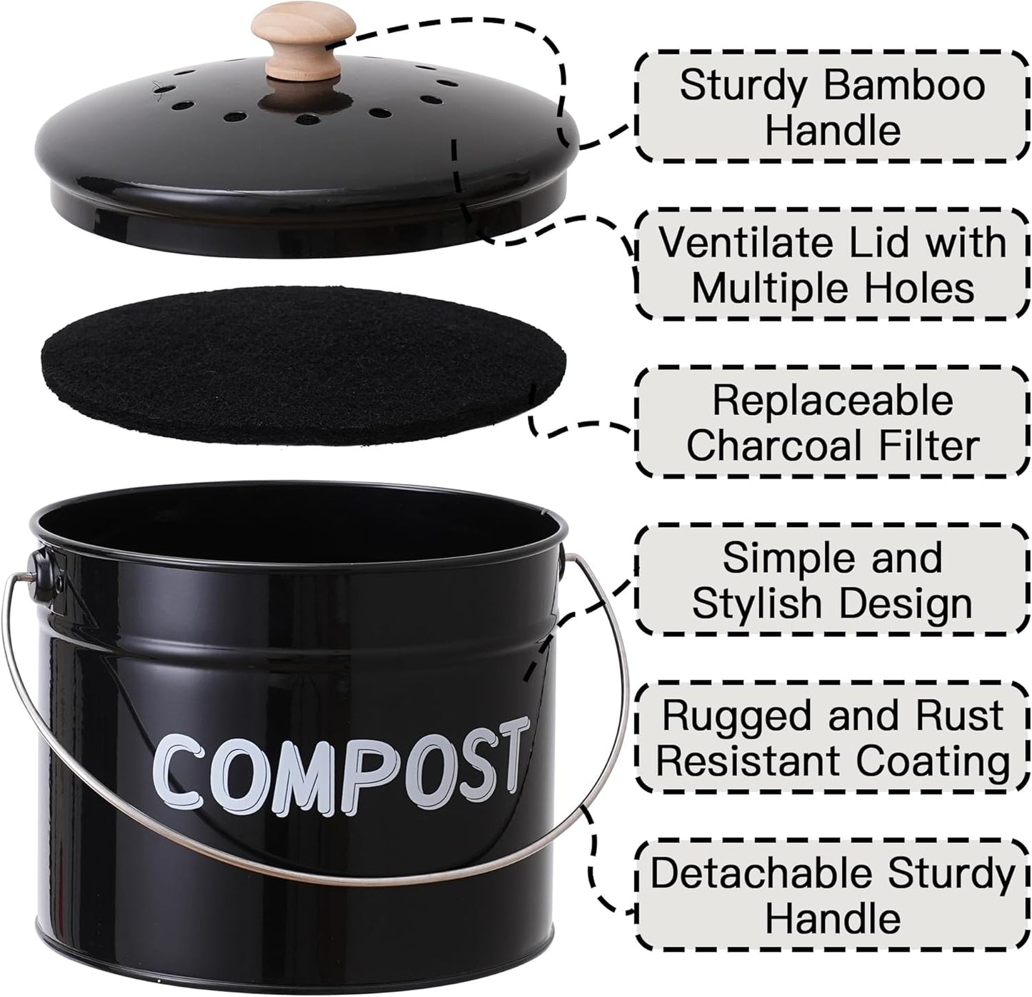 Compost Bin for Kitchen Counter, 1 Gallon Compost Bucket with Lid and Charcoal Filter, Countertop Composter, Rust Proof Indoor Food Waste Bin, Black