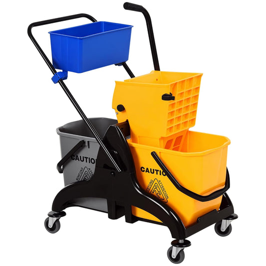 HOMCOM 2 x 6.9 Gallon Mop Water Bucket Wringer Cart with Easy to Use Side Press Wringer, Smooth