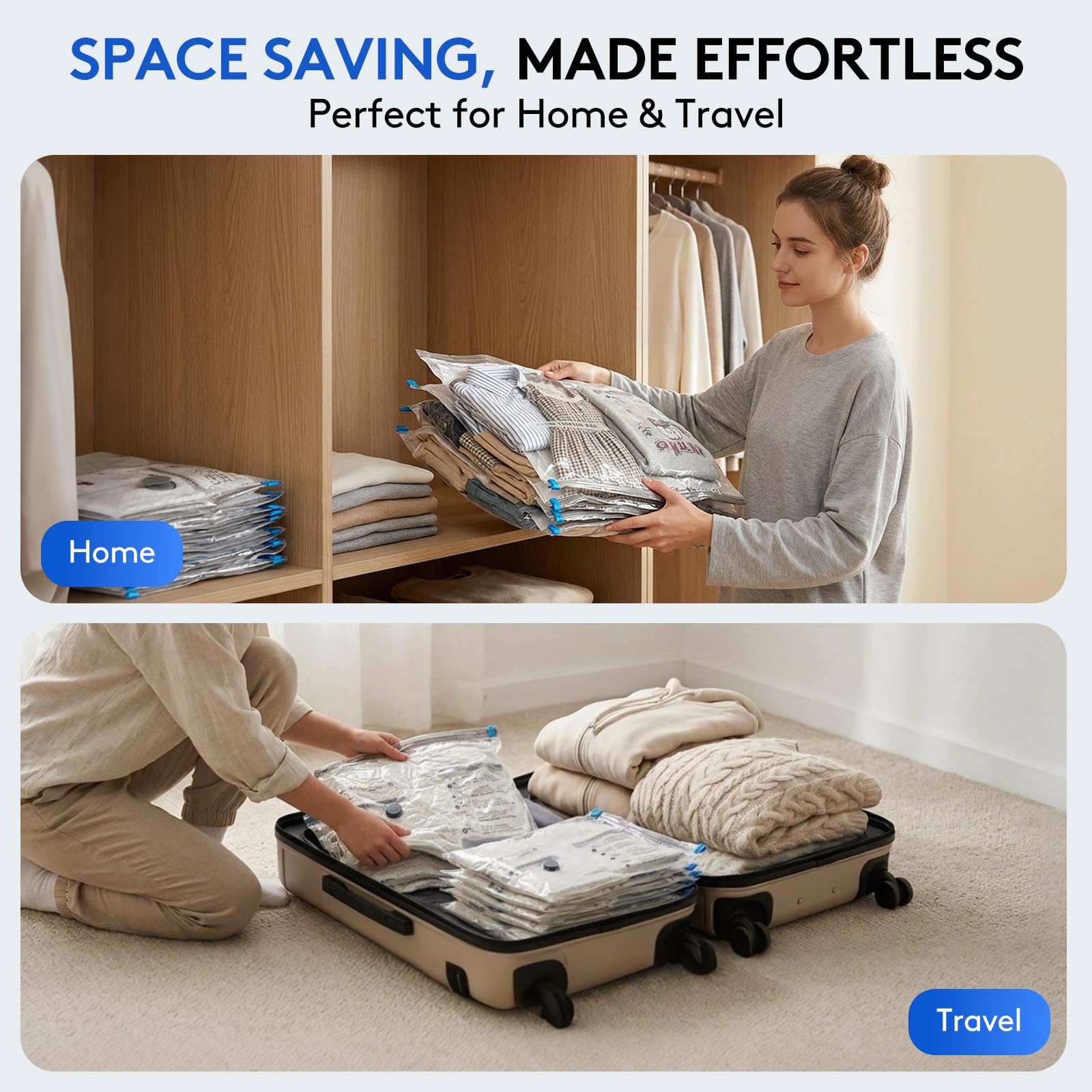15+1 Packs Vacuum Bags for Travel with Rechargeable Pump, 3 Sizes Vacuum Seal Bags for Clothing