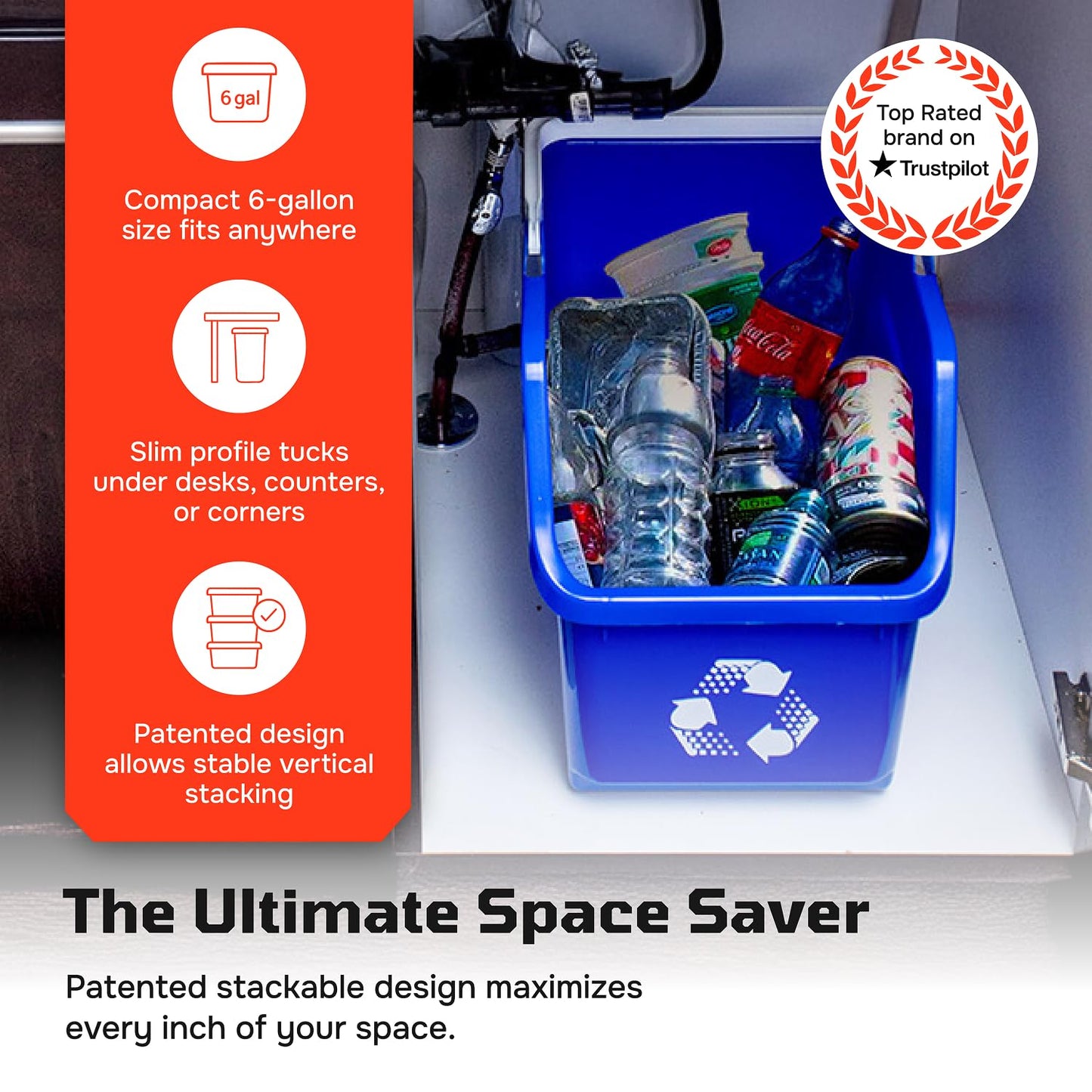 6 Gallon Stackable Recycling Bins for Homes, Garages, Offices Made of 100% Recycled Plastic - (Grey, 1 Pack)