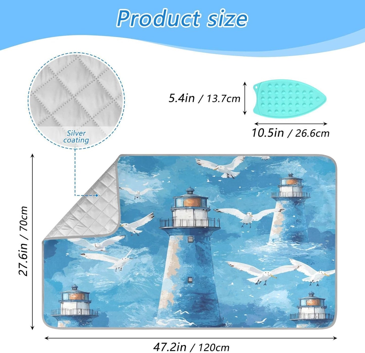Watercolor Blue Lighthouses and Seagulls Ironing Mat Thickened Ironing Blanket Travel Portable Double-Side Using Ironing Pad Travel Isolate Heat Pad Cover for Washer Dryer Table Top Countertop