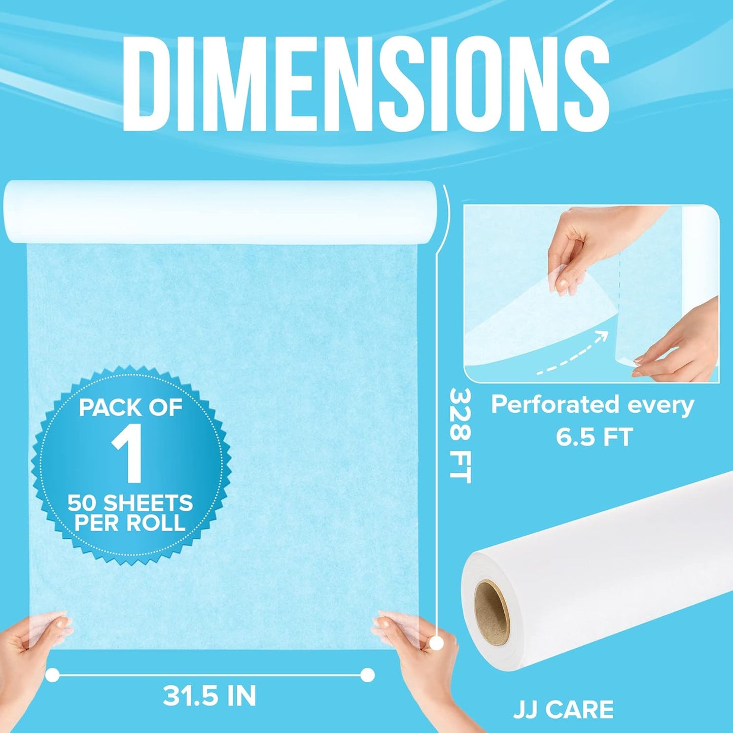 JJ CARE Disposable Massage Table Sheets - 50 Sheets [31.5" x 328 feet, 1 Roll] - 50% Thicker Perforated Massage Bed Cover, Non-Woven Disposable Roll for Massage Table for Waxing, Facial, Tattoo, & Spa