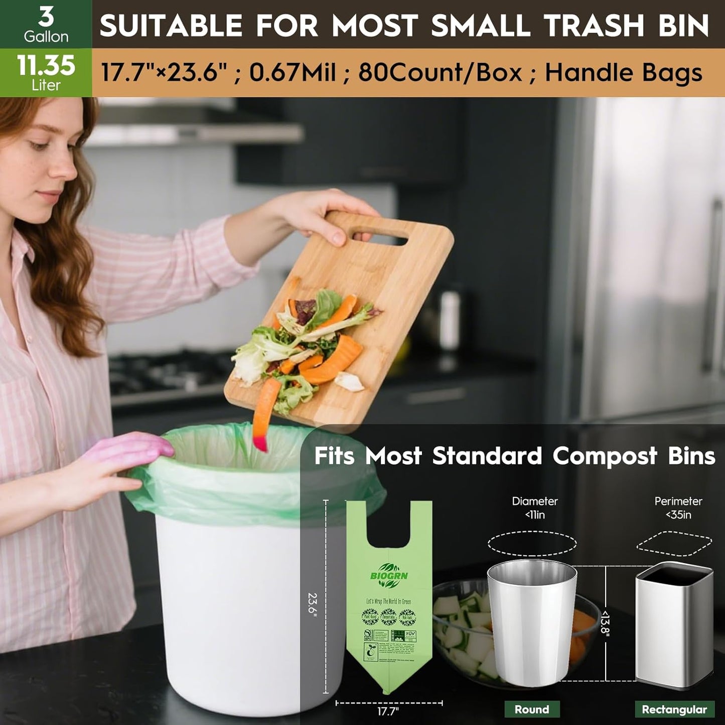 2.6-3 Gallon Compostable Trash Bags with Handles 80 Count 0.67 Mil 11.36 L Small Kitchen Wet Food Scrap Waste Compost Bag for Countertop Bin ASTM D6400 US BPI and OK Compost Home Certified