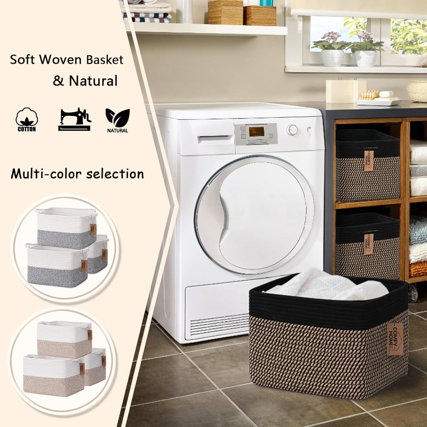 COMFY-HOMI 3PACK Cotton Rope Square Basket with Handles for Shelves|Dog Toy Bin and Storage|Baby Gift|Shoe Organizer|New 13.5" x 11" x 9.5" for Living Room (Black/Jute)