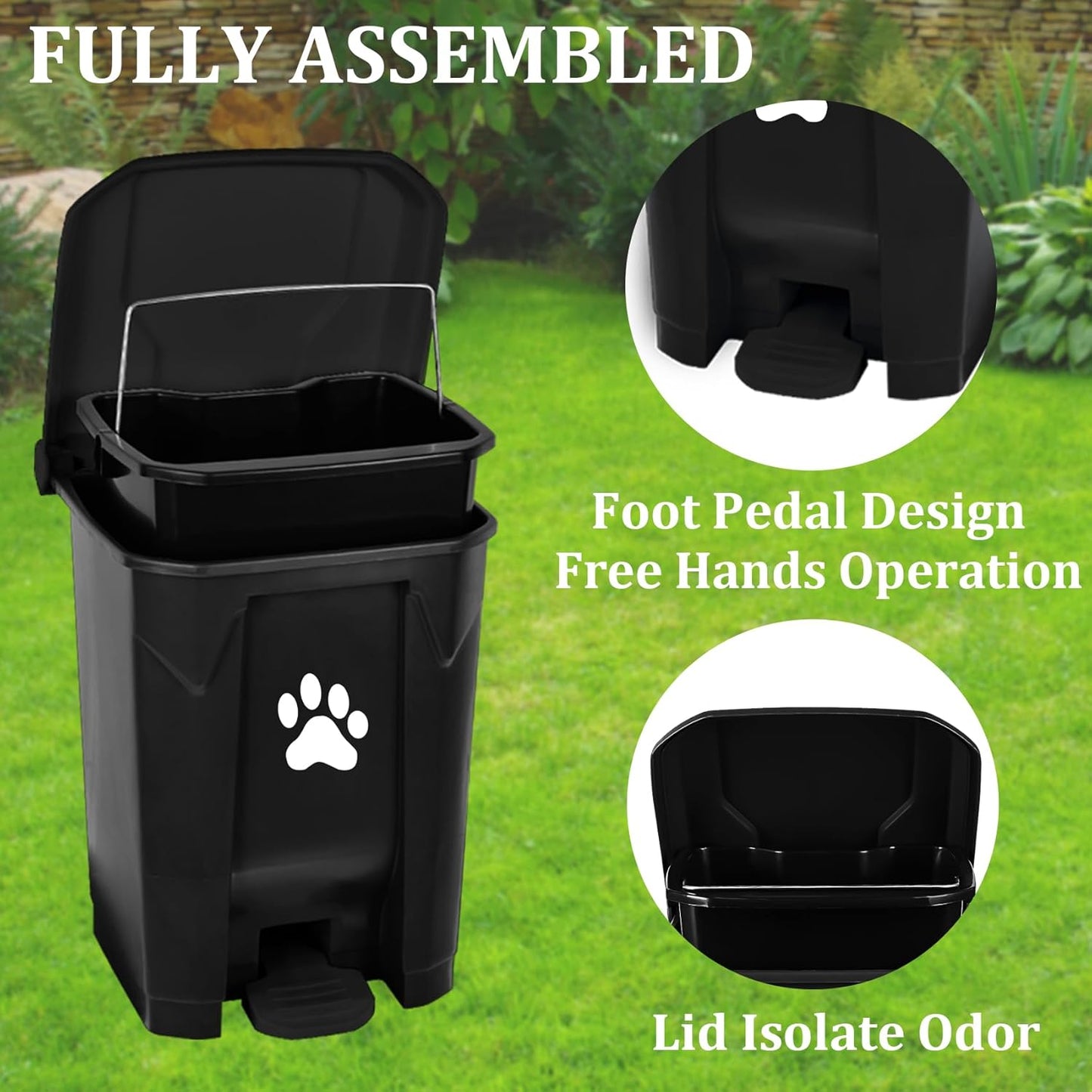 Outdoor Dog Poop Trash Can with Lid, Dog Waste Trash Can Pet Waste Container Pooper Scooper for Yard Garden Kitchen with Removable Inner Bin, Large Garbage Bag, Black