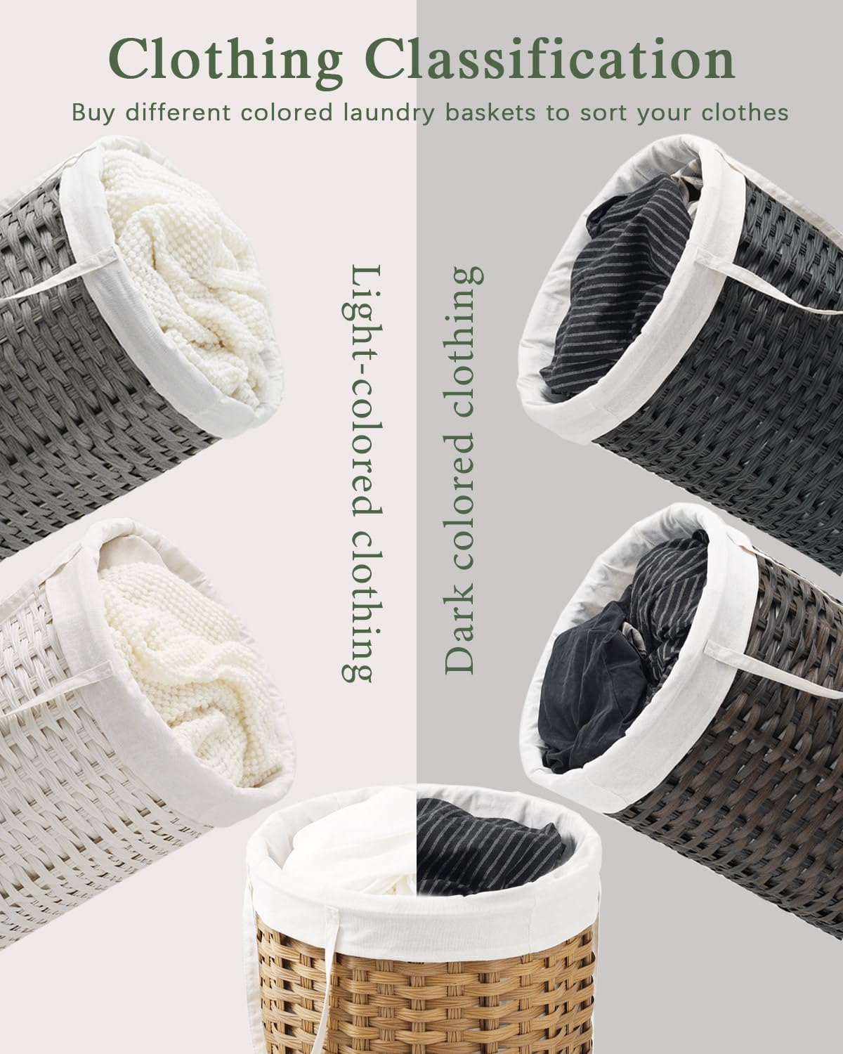 Laundry Hamper with Lid Wicker Laundry Hamper Round 26.5 Gal (100 L) Laundry Basket Handwoven Rattan Laundry Basket with Removable Bag Handles 2 Mesh Bags for Living Room Bedroom White