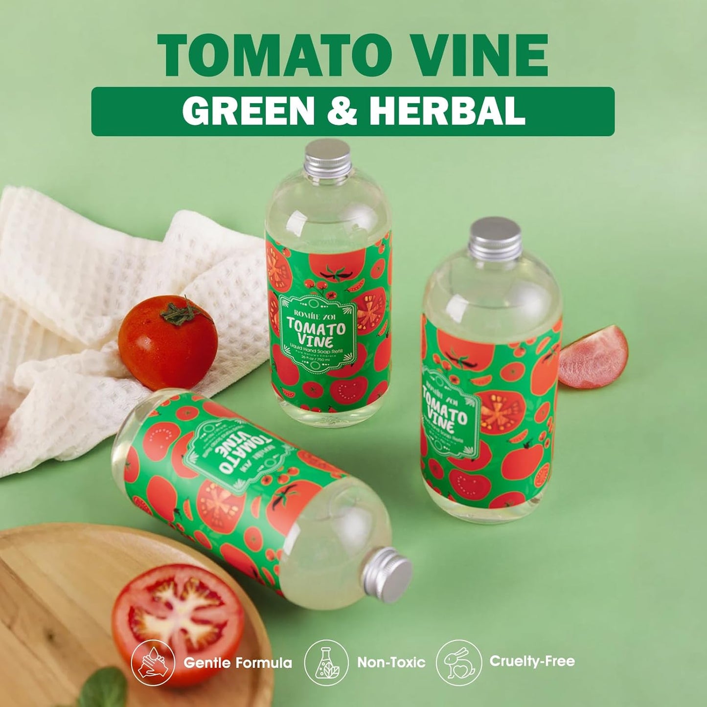 ROMIIE ZOI LIquid Hand Soap Refills Gift Set – Tomato Vine Scent – 3 x 26 Fl Oz Bottles – Plant-Based, Cruelty-Free, Gentle & Moisturizing Formula with Essential Oils – for Bathroom & Kitchen Use