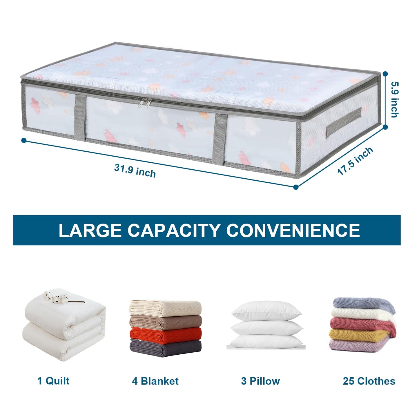 4 Packs Under Bed Storage Containers Bins, Humid-Proof Plastic Underbed Storage Bins, Closet