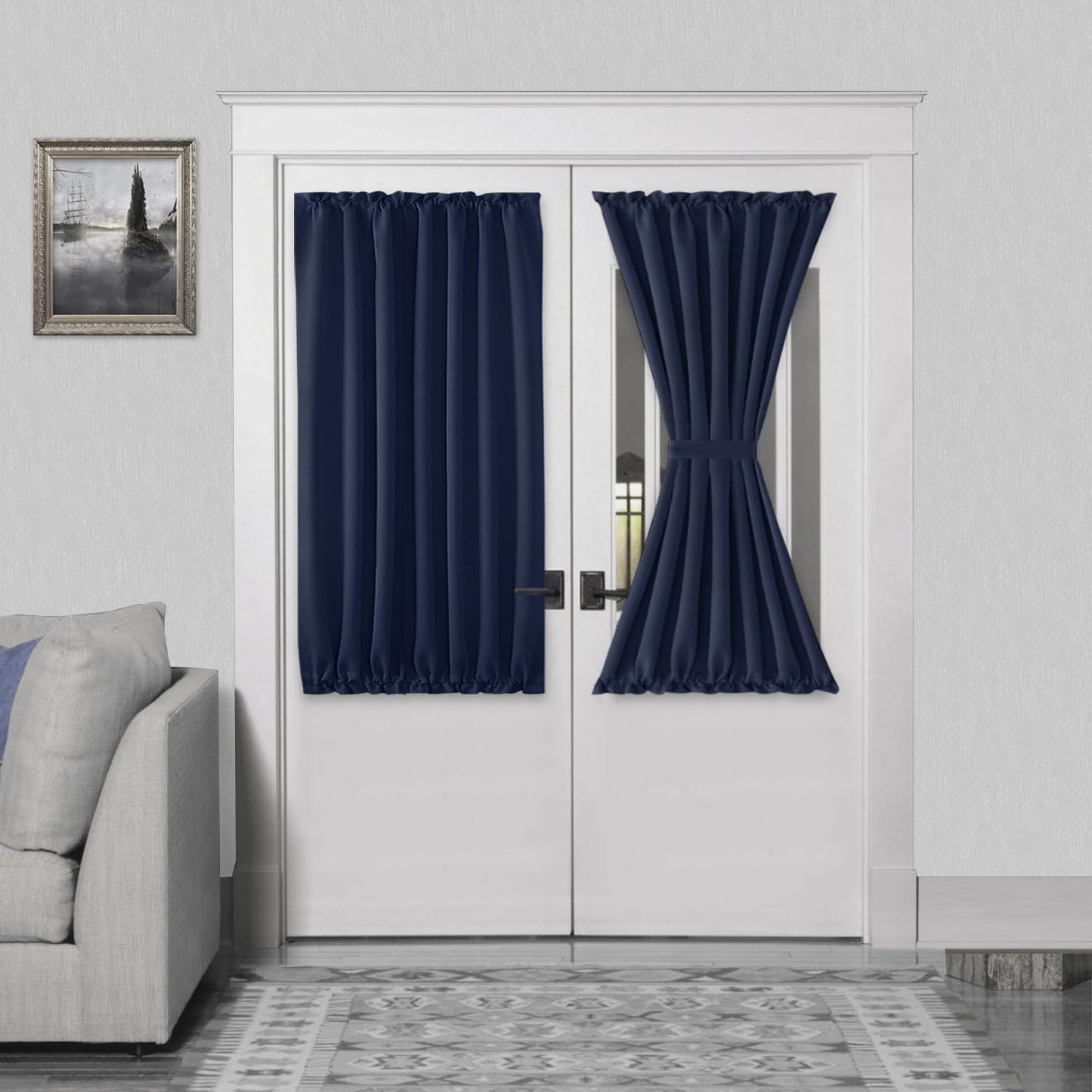 DWCN French Door Curtains – Rod Pocket Thermal Blackout Curtain for Doors with Glass Window, Kitchen and Patio Doors for Privacy, 54 X 40 Inch Length, 1 Curtain Panel with Tieback, Navy Blue