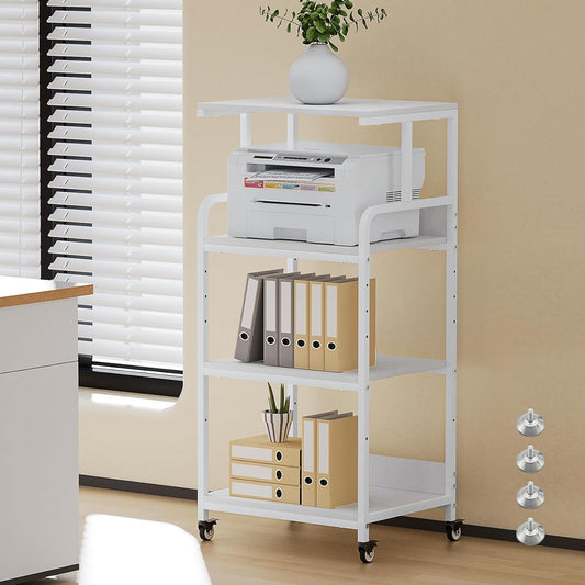 4 Tier White Printer Stand with Storage Shelf, Large Tall Printer Table for Home Office, Rolling