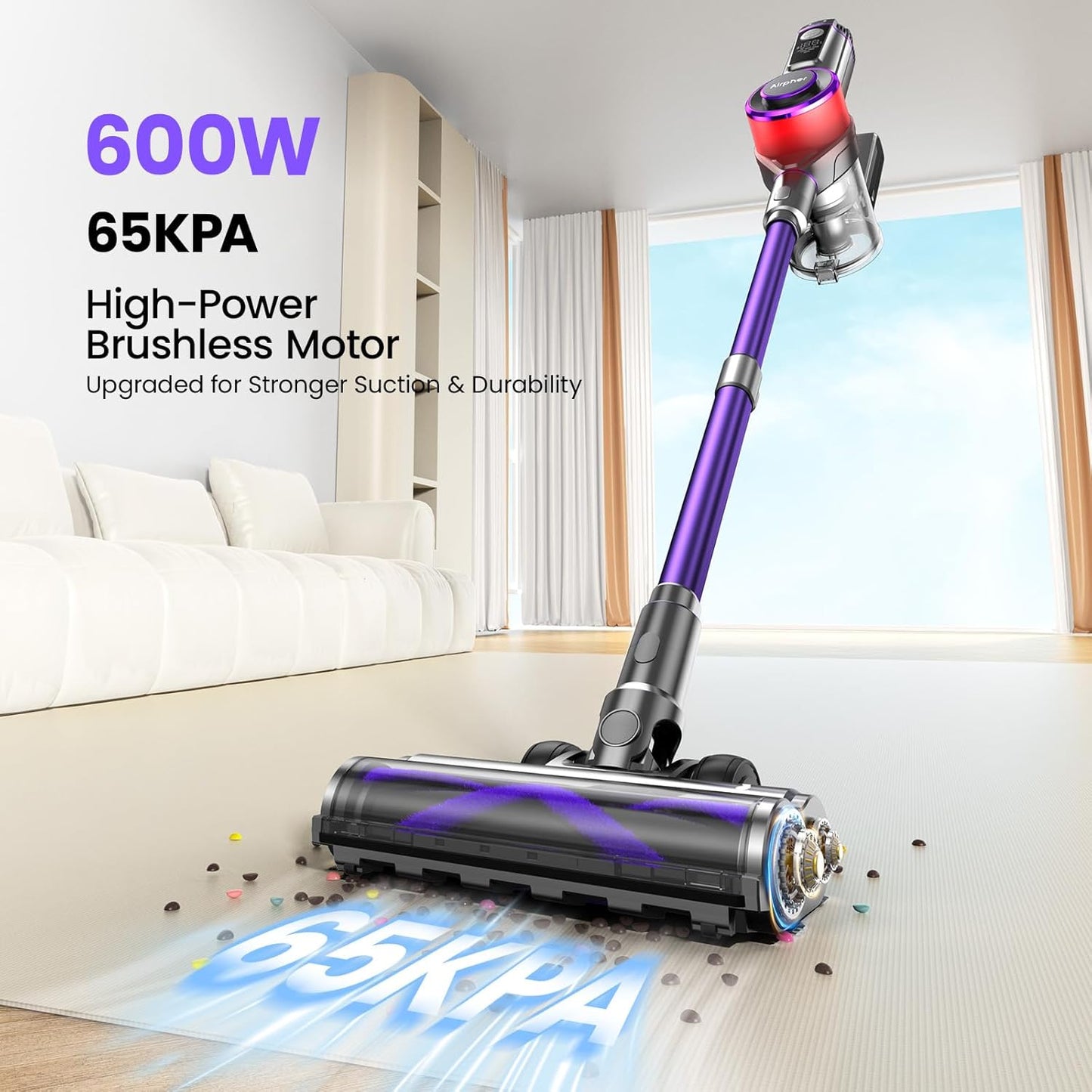 Cordless Vacuum Cleaner,600W 65KPA Dual Motor Vacuum for Home with AI Auto Suction,70Min Runtime,Stick Vacuums with Self-Standing Design,LED Headlights for Carpet,Hardwood Floors,Pet Hair,Tile