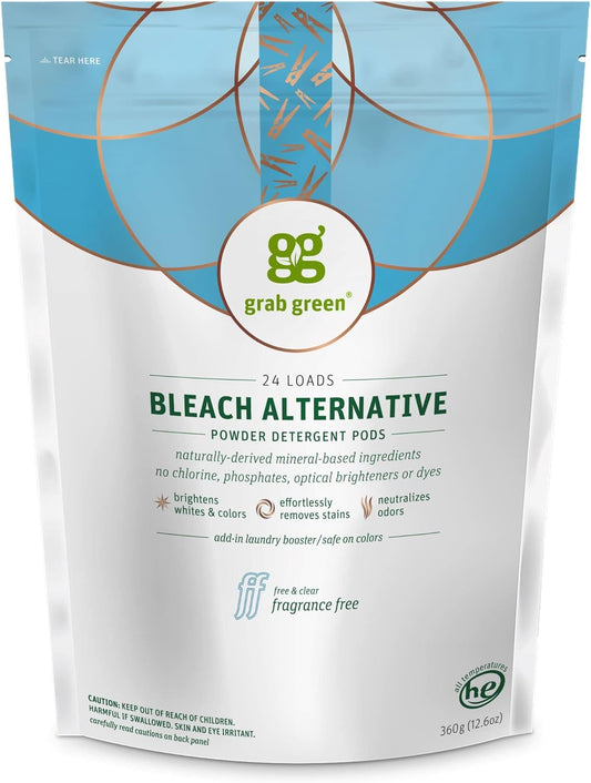 Grab Green Bleach Alternative Pods, 24 Count, Chlorine Free, Fragrance Free, Plant and Mineral Based, Laundry Booster to Brighten Whites, Removes Stains, Neutralizes Odors