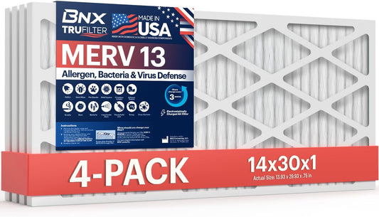 BNX TruFilter 14x30x1 Air Filter MERV 13 (4-Pack) - MADE IN USA - Electrostatic Pleated Air