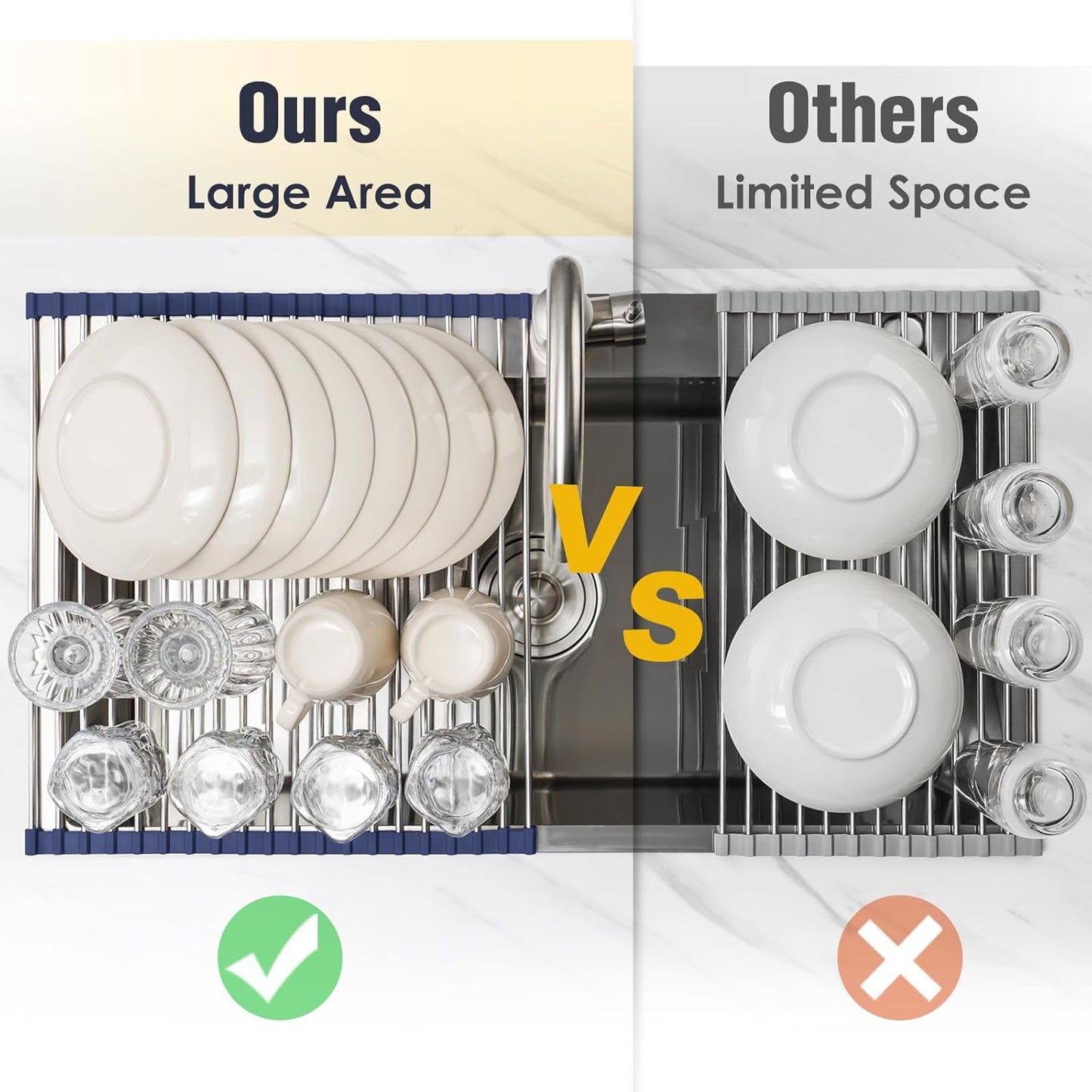 Tomorotec 21" x 15.5" Roll Up Dish Drying Rack Over Sink Drying Rack Sink Cover Kitchen Sink Accessories Gadget Multipurpose Organizer Foldable Stainless Steel Drainer