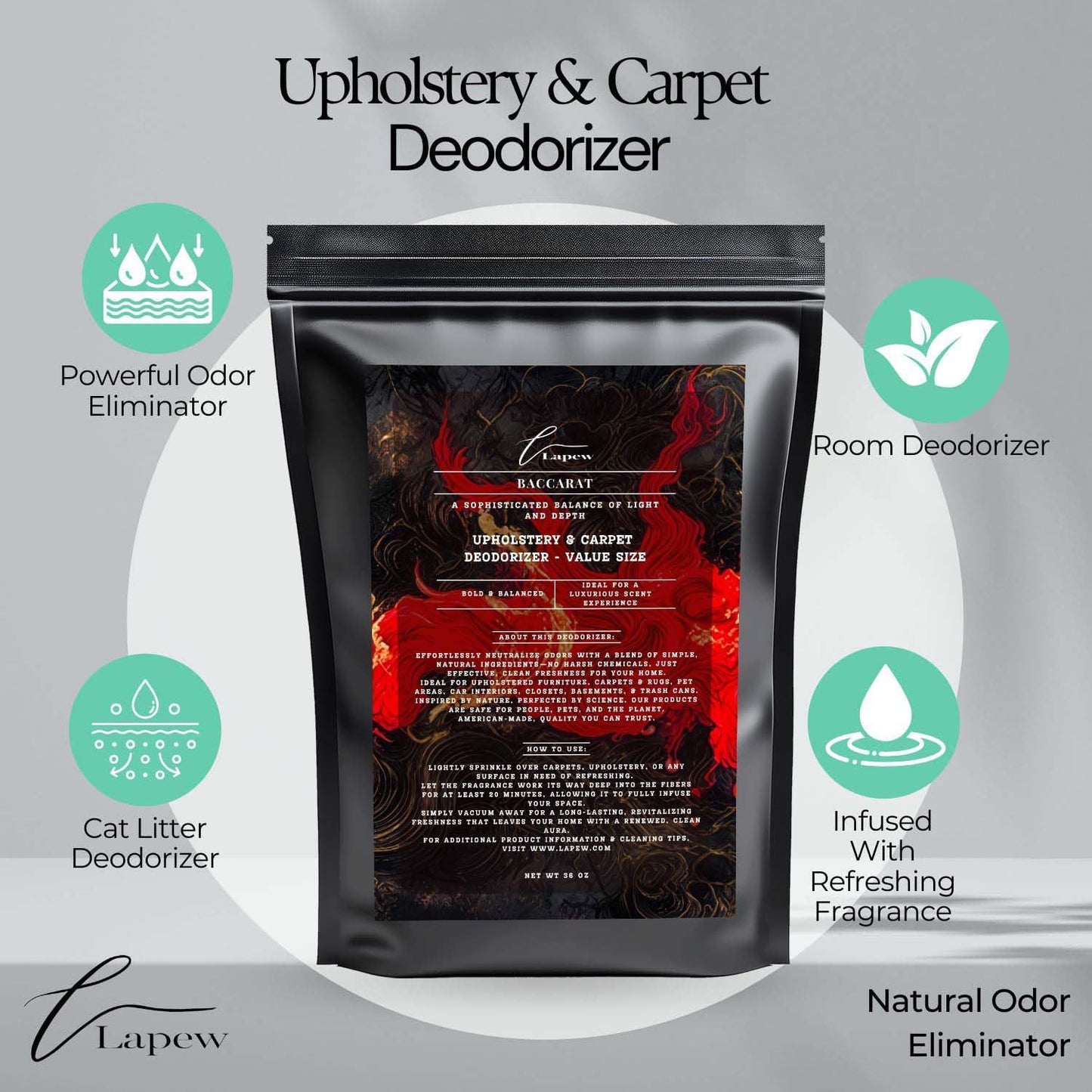 Baccarat Carpet Freshener Powder Refill 36 oz | Powerful Odor Eliminator for Home | Upholstery Deodorizer | Carpet Deodorizer | Pet Urine | Cat Litter Box | Enchanted Rouge Fragrance