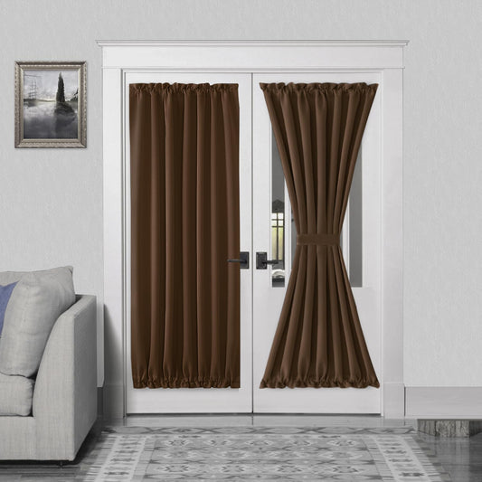 DWCN French Door Curtains – Rod Pocket Thermal Blackout Curtain for Doors with Glass Window, Kitchen and Patio Doors for Privacy, 54 X 72 Inches Long, 1 Curtain Panel with Tieback, Brown
