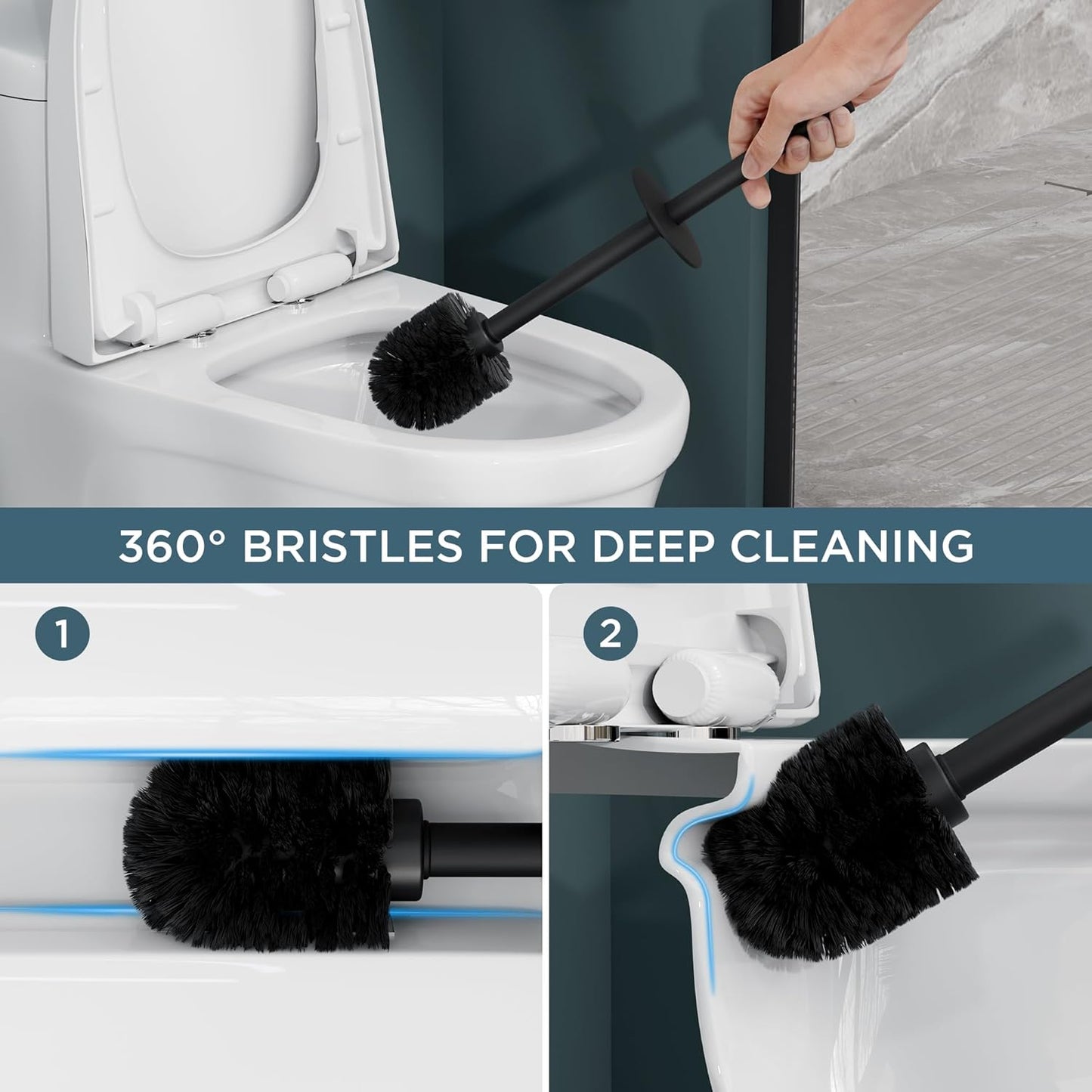 FORIOUS Toilet Brush and Holder Set, Heavy Duty 304 Stainless Steel Base Square and Long Handle for Bathroom Deep Cleaning, Drip-Proof, Space Saving for Storage, 2 Toilet Bowl Brush Head, Black