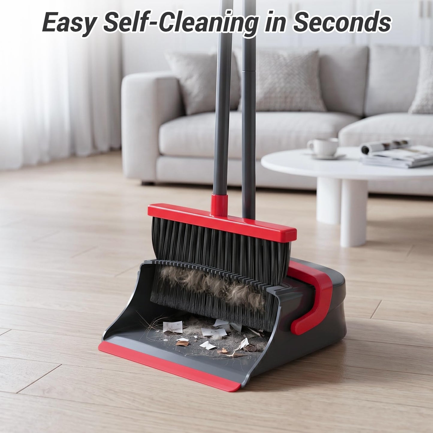 Zeawec Broom with Dustpan Set for Pet Hair & Dust Cleanup, Red & Gray