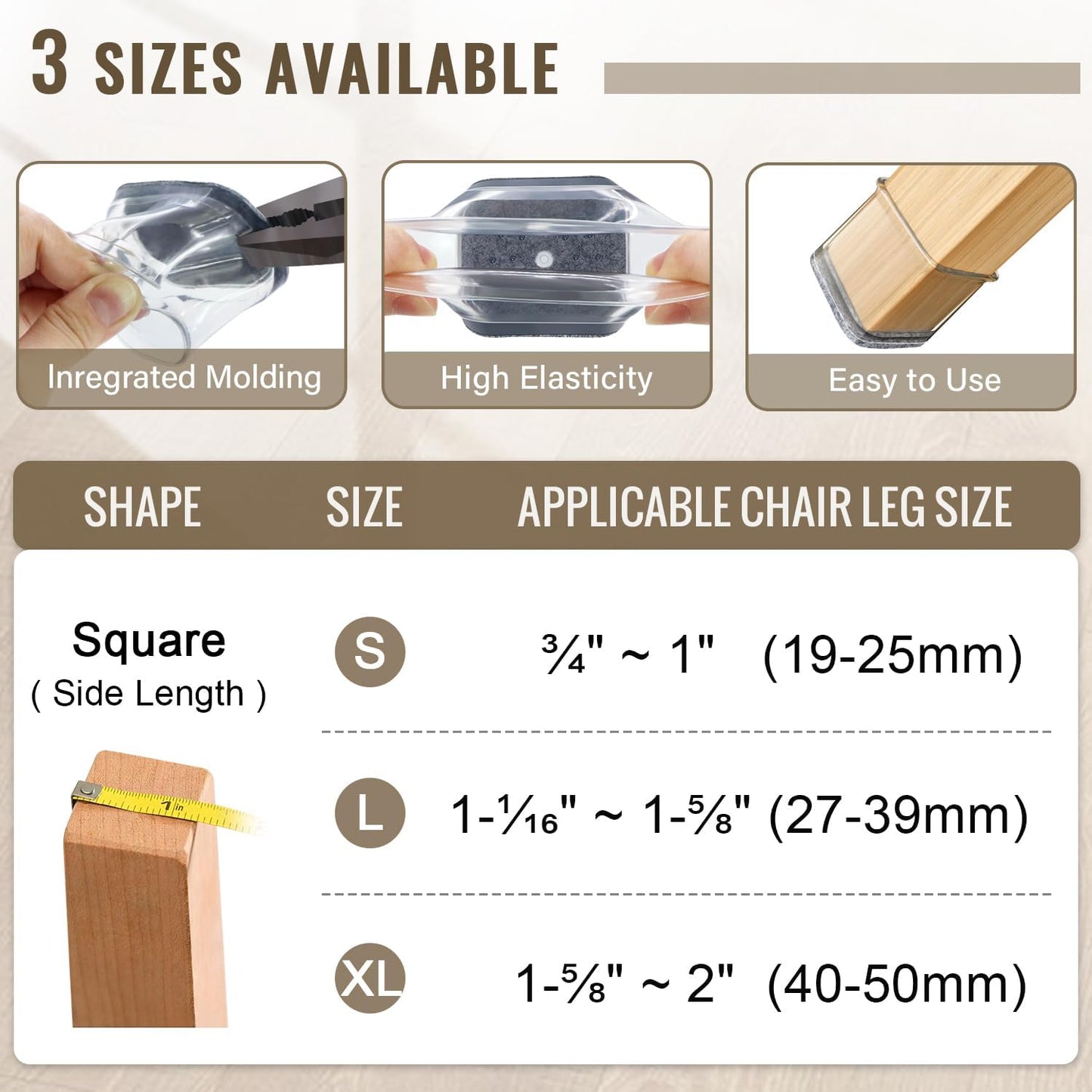 BUMACO Chair Leg Floor Protectors Square Chair Leg Protectors for Hardwood Floors Silicone Pads Covers to Protect Floors Clear-Square S Fit (3/4" to 1")