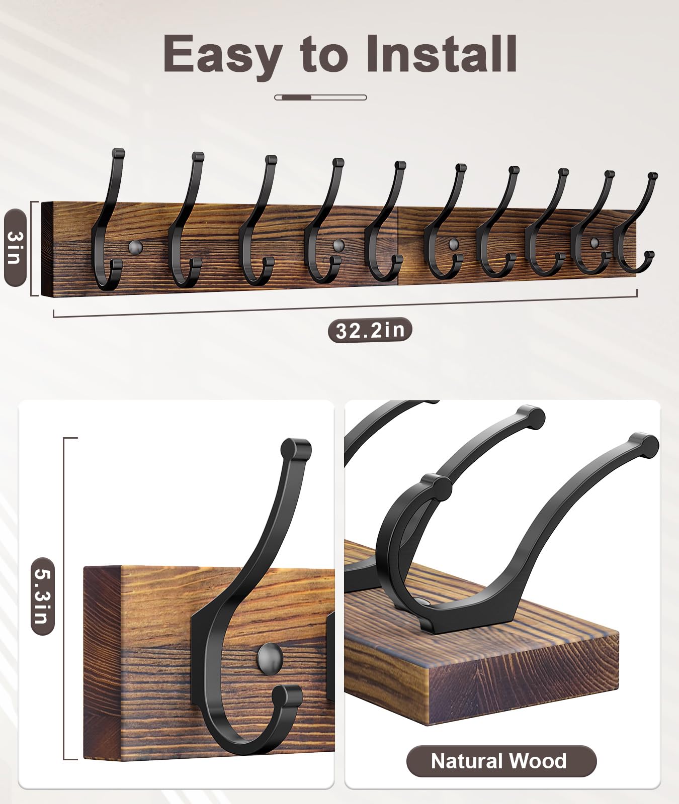 Optish 2 Pack Wooden Coat Rack Wall Mount, 16.1" Rustic Coat Hanger Hooks with 10 Double Hooks