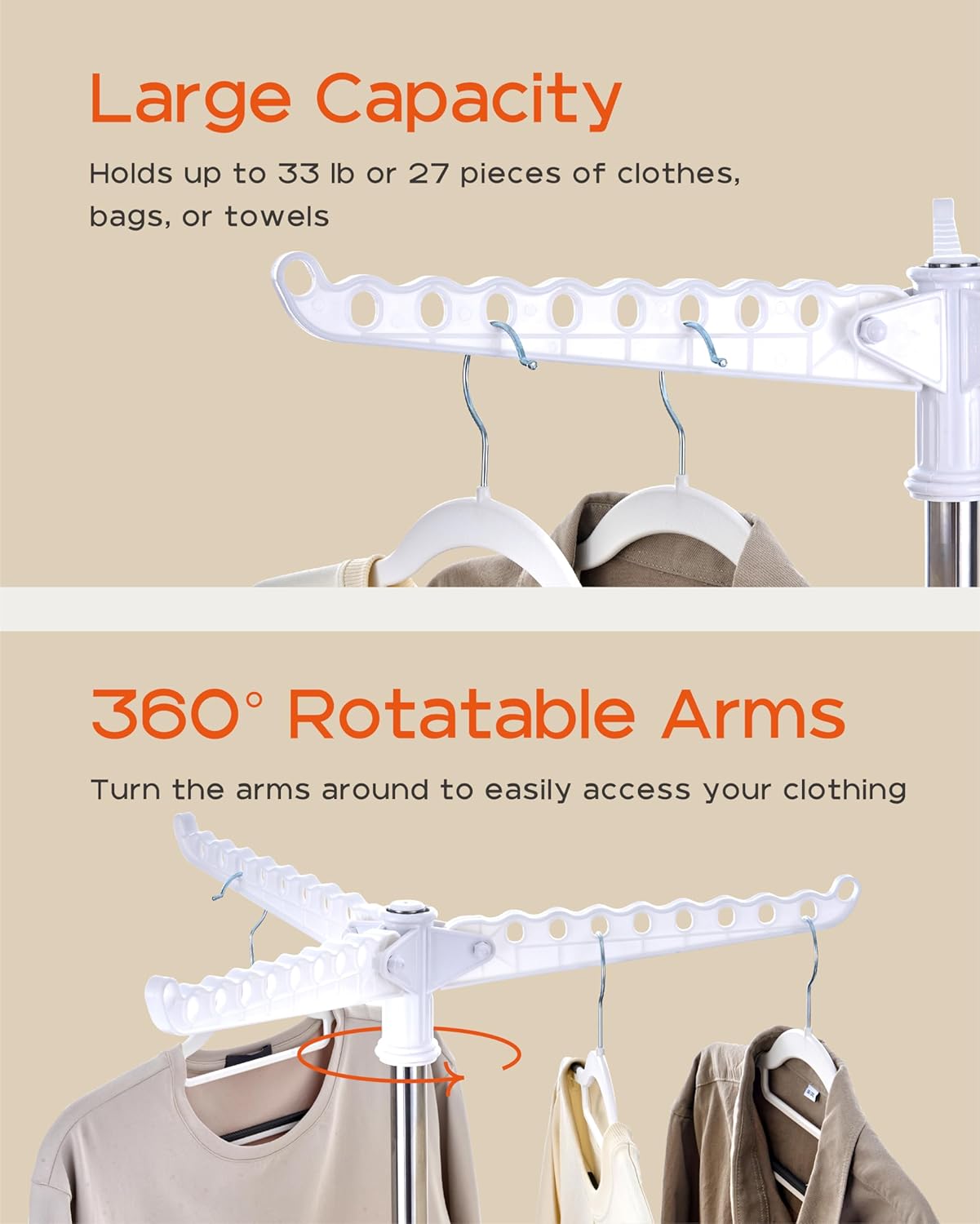 Clothes Drying Rack Foldable, 59 inch Tripod Laundry Drying Rack Indoor with Rotating Clothes Rail for 27 Pieces of Clothes, Space Saving, Stainless Steel, White and Silver CDR001W01