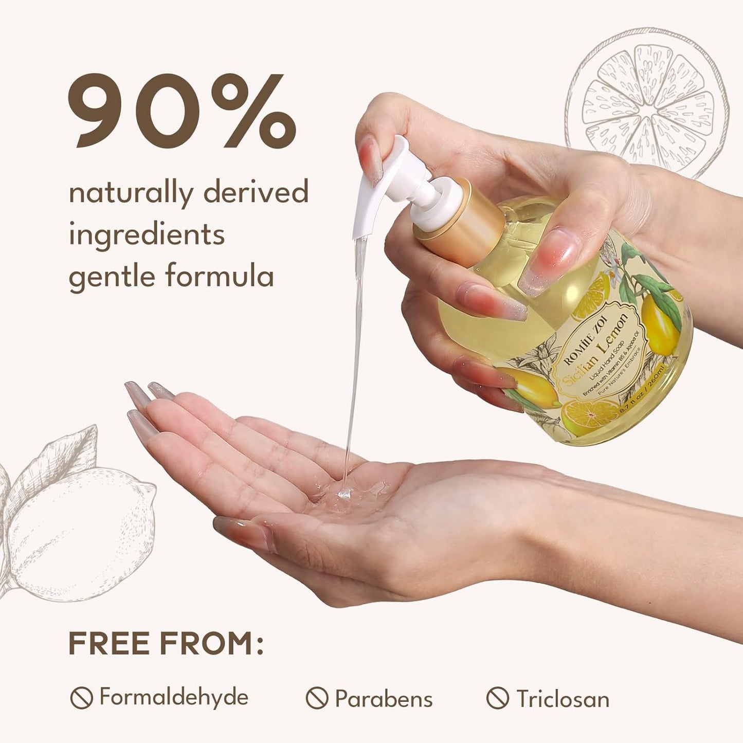 ROMIIE ZOI Lemon Scent Liquid Hand Soap Refills - Natural, Gentle & Moisturizing Formula - Family Size 3 Pack, Ideal for Liquid Soap Dispensers in Kitchen & Bathroom